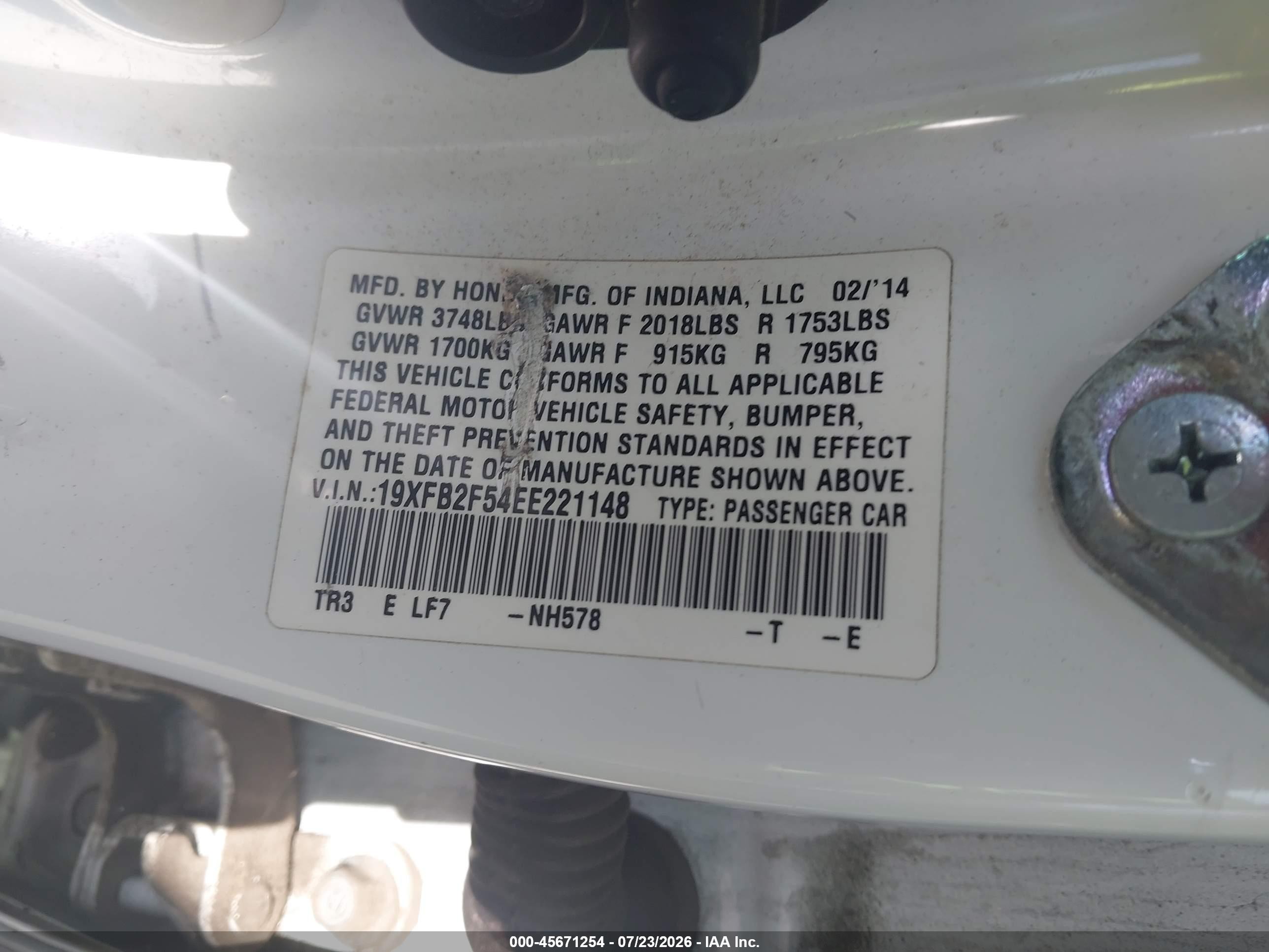 2014 Honda Civic Lx White vin: 19XFB2F54EE221148