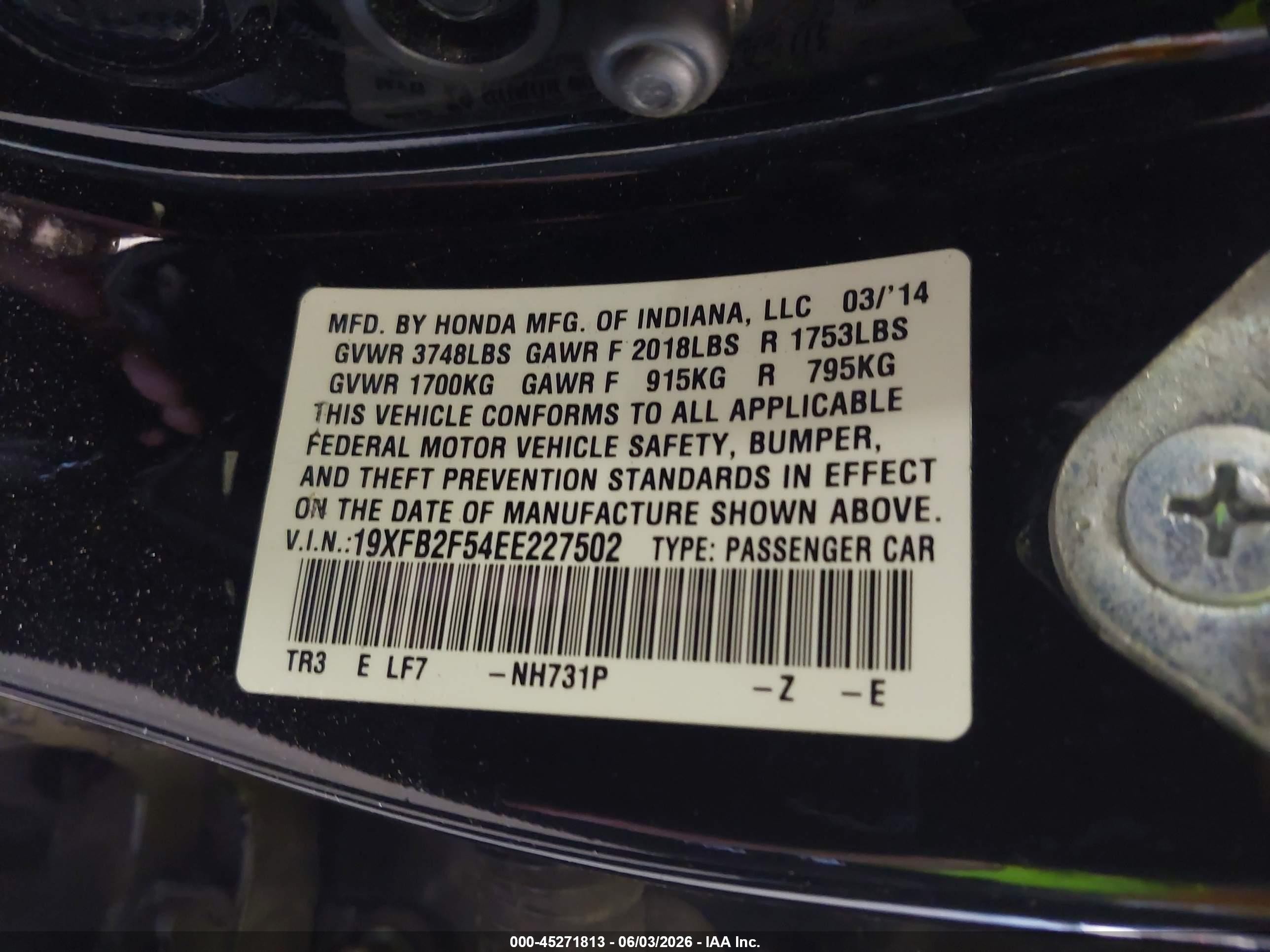 2014 Honda Civic Lx Black vin: 19XFB2F54EE227502