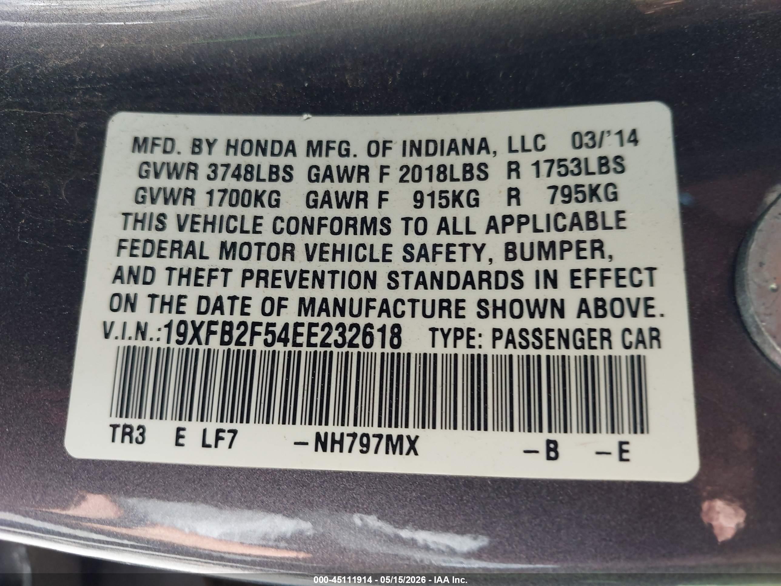 2014 Honda Civic Lx Gray vin: 19XFB2F54EE232618