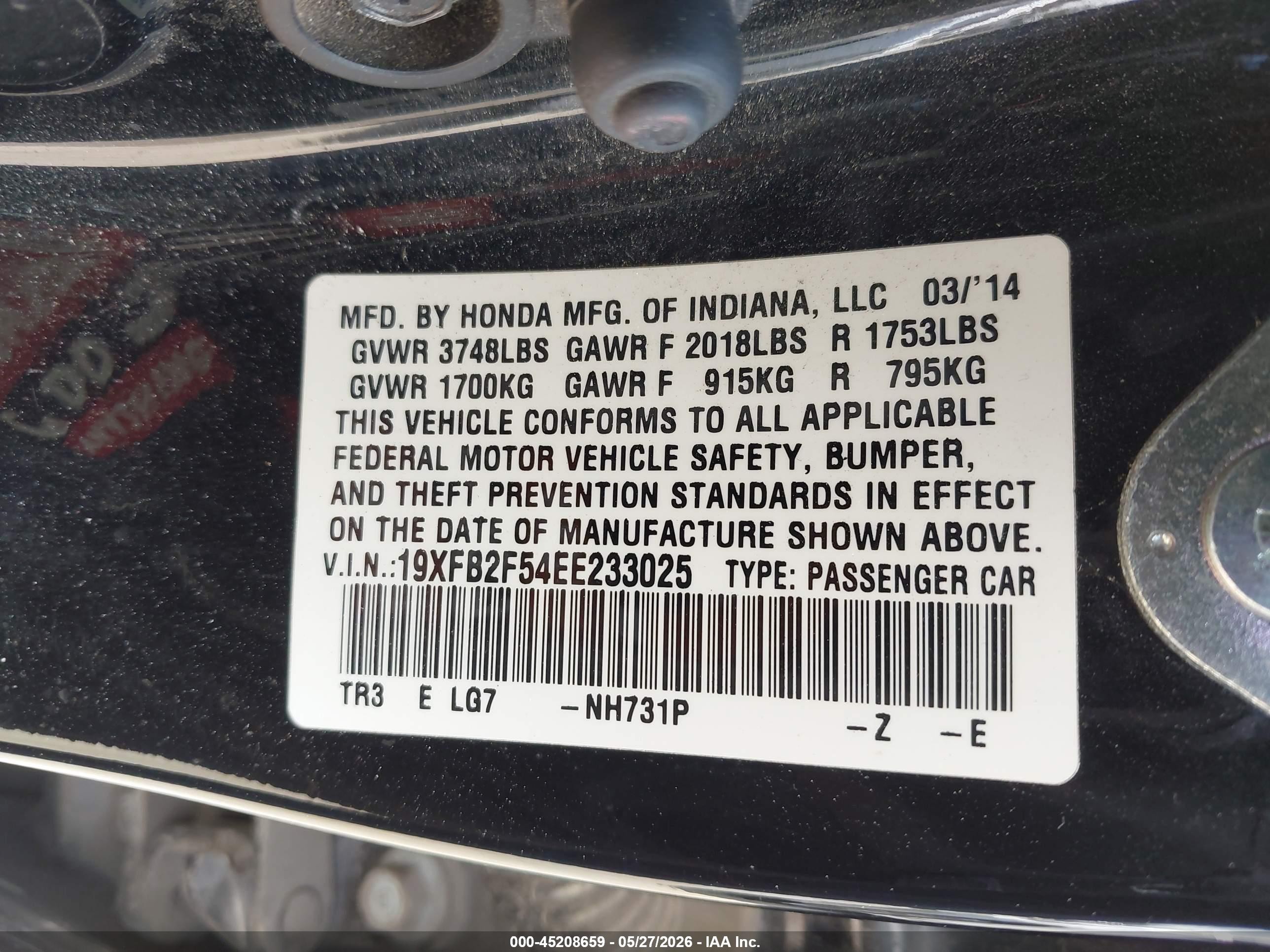 2014 Honda Civic Lx Черный vin: 19XFB2F54EE233025
