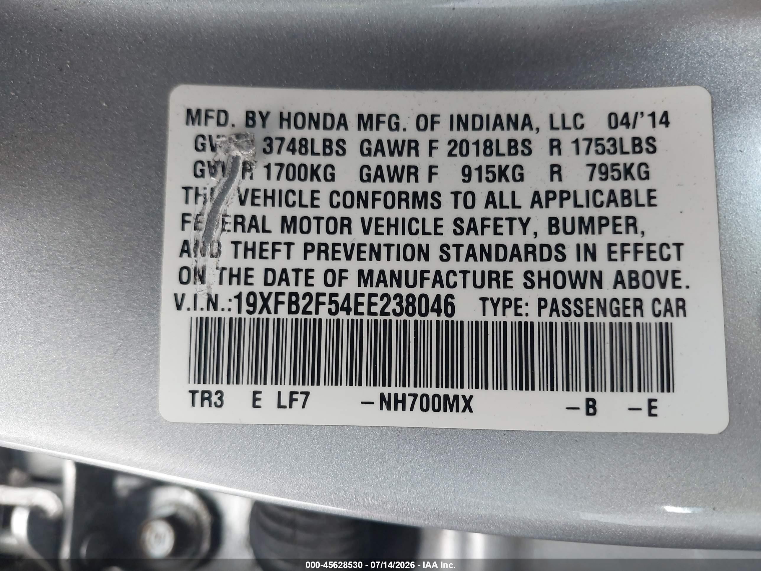 2014 Honda Civic Lx Silver vin: 19XFB2F54EE238046