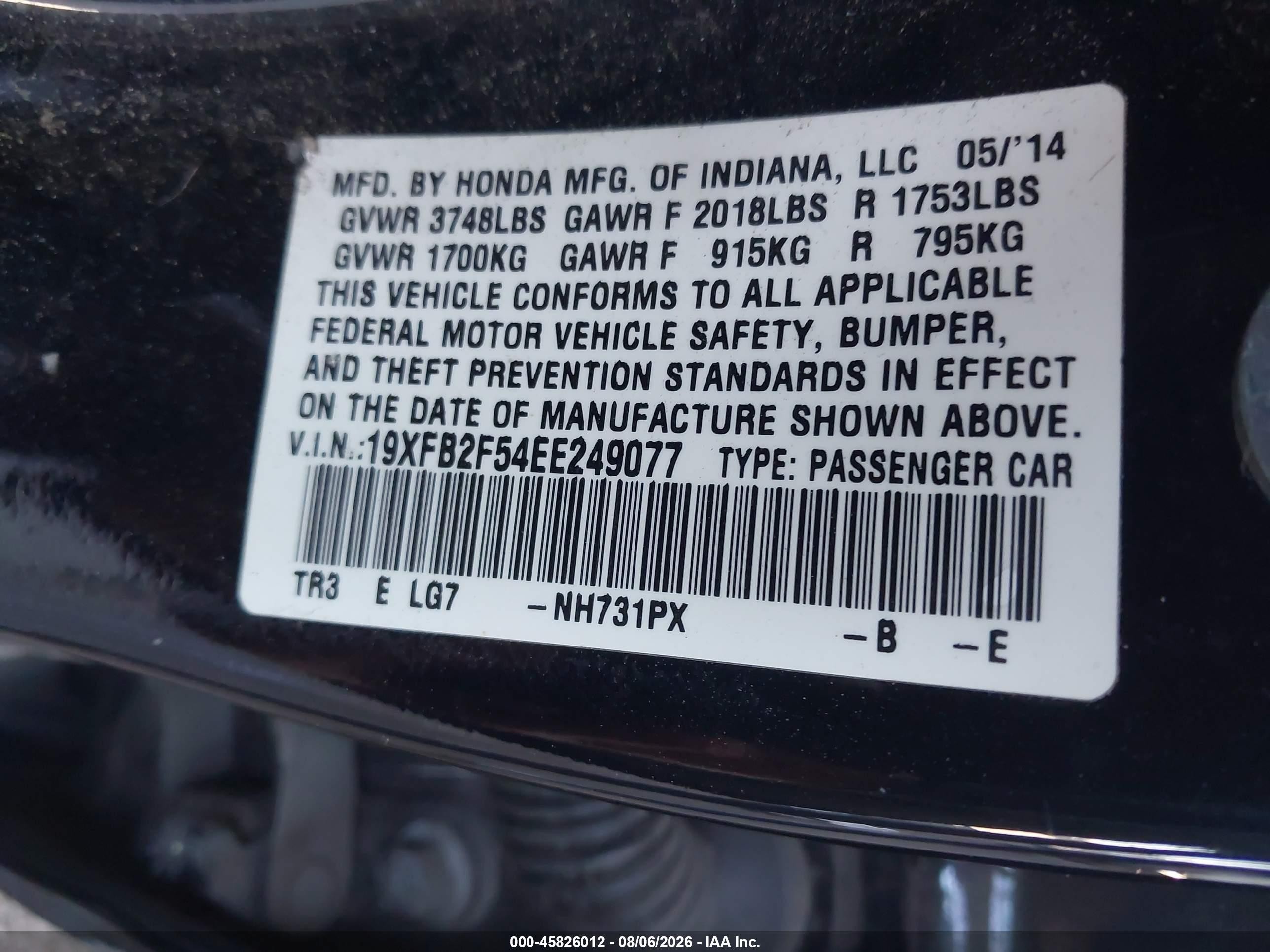 2014 Honda Civic Lx Black vin: 19XFB2F54EE249077