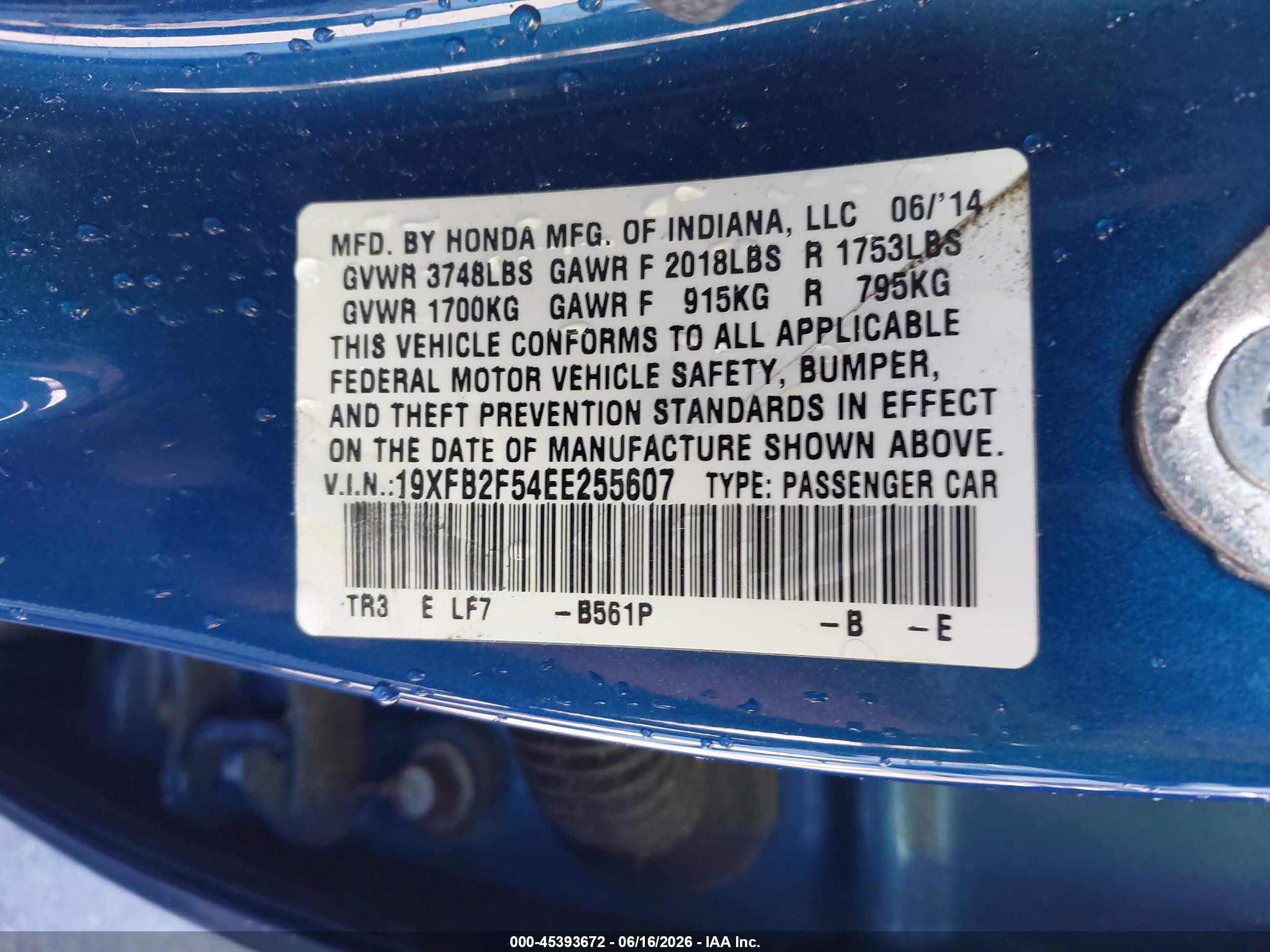 2014 Honda Civic Lx Blue vin: 19XFB2F54EE255607