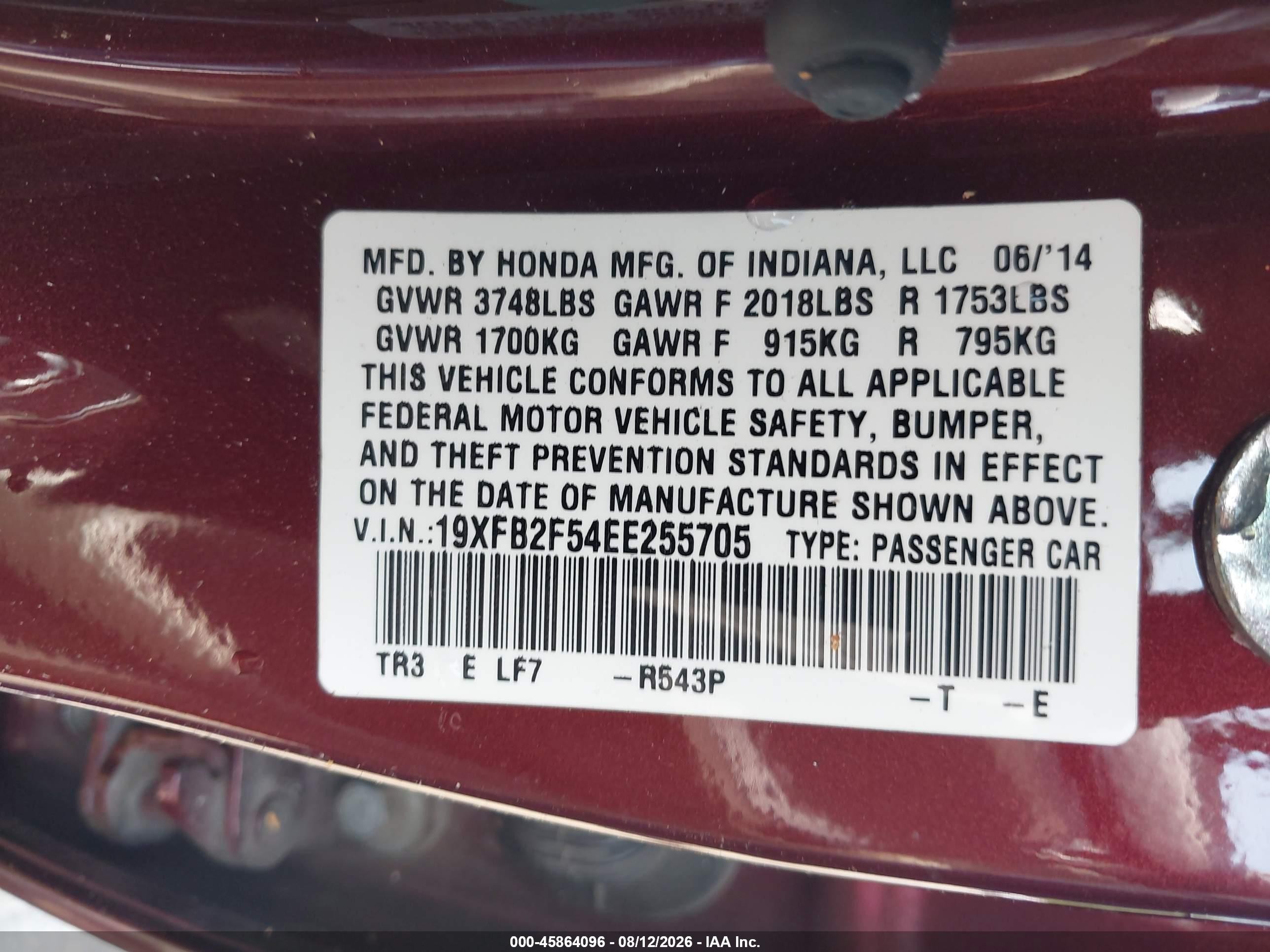2014 Honda Civic Lx Burgundy vin: 19XFB2F54EE255705