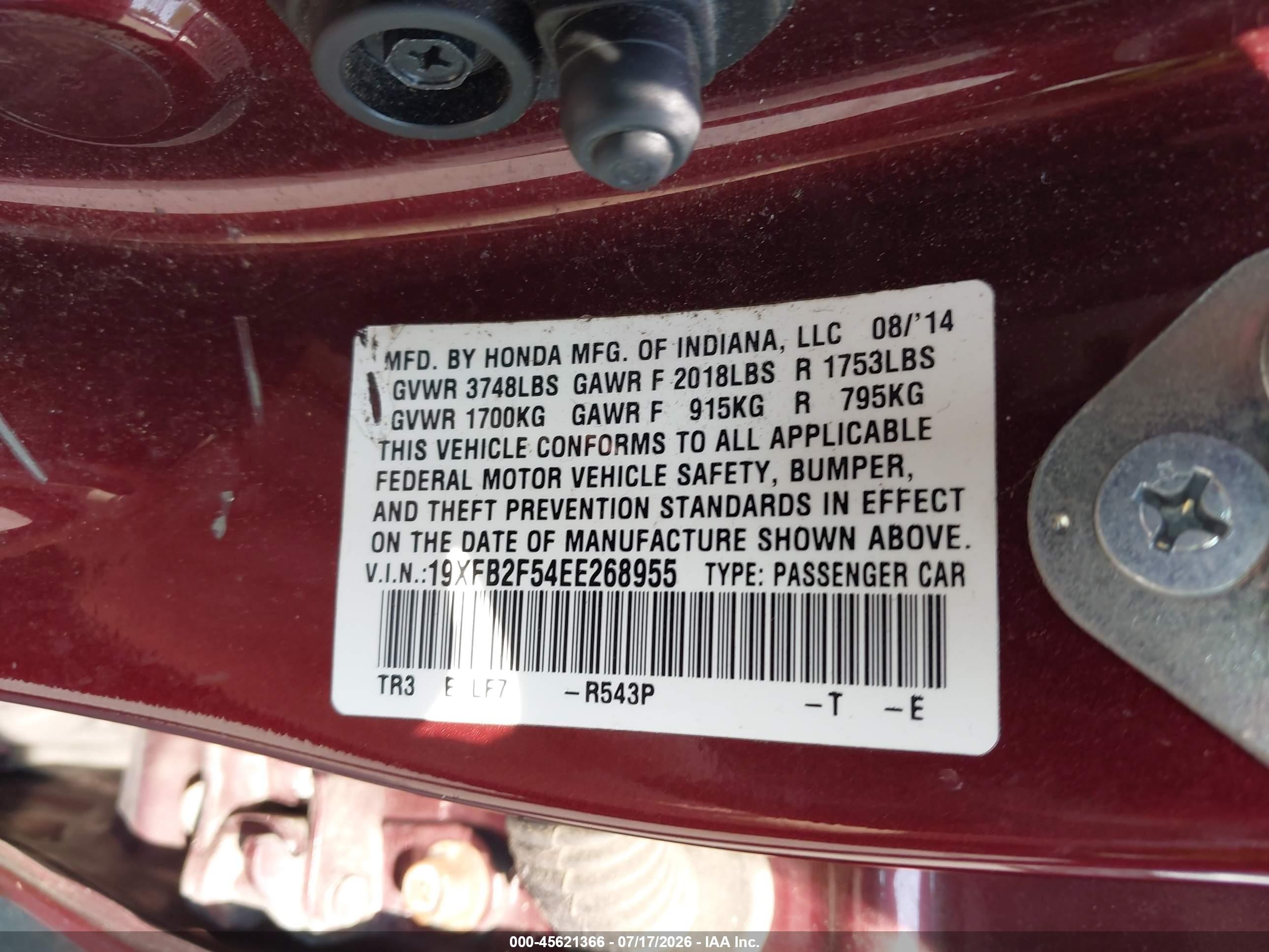 2014 Honda Civic Lx Maroon vin: 19XFB2F54EE268955