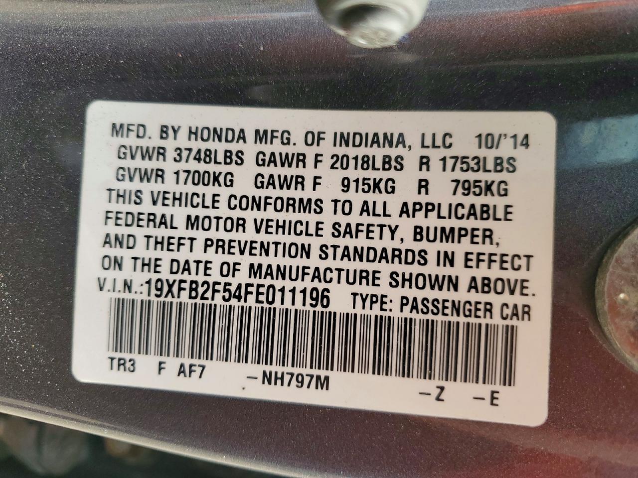 2015 Honda Civic Lx Charcoal vin: 19XFB2F54FE011196