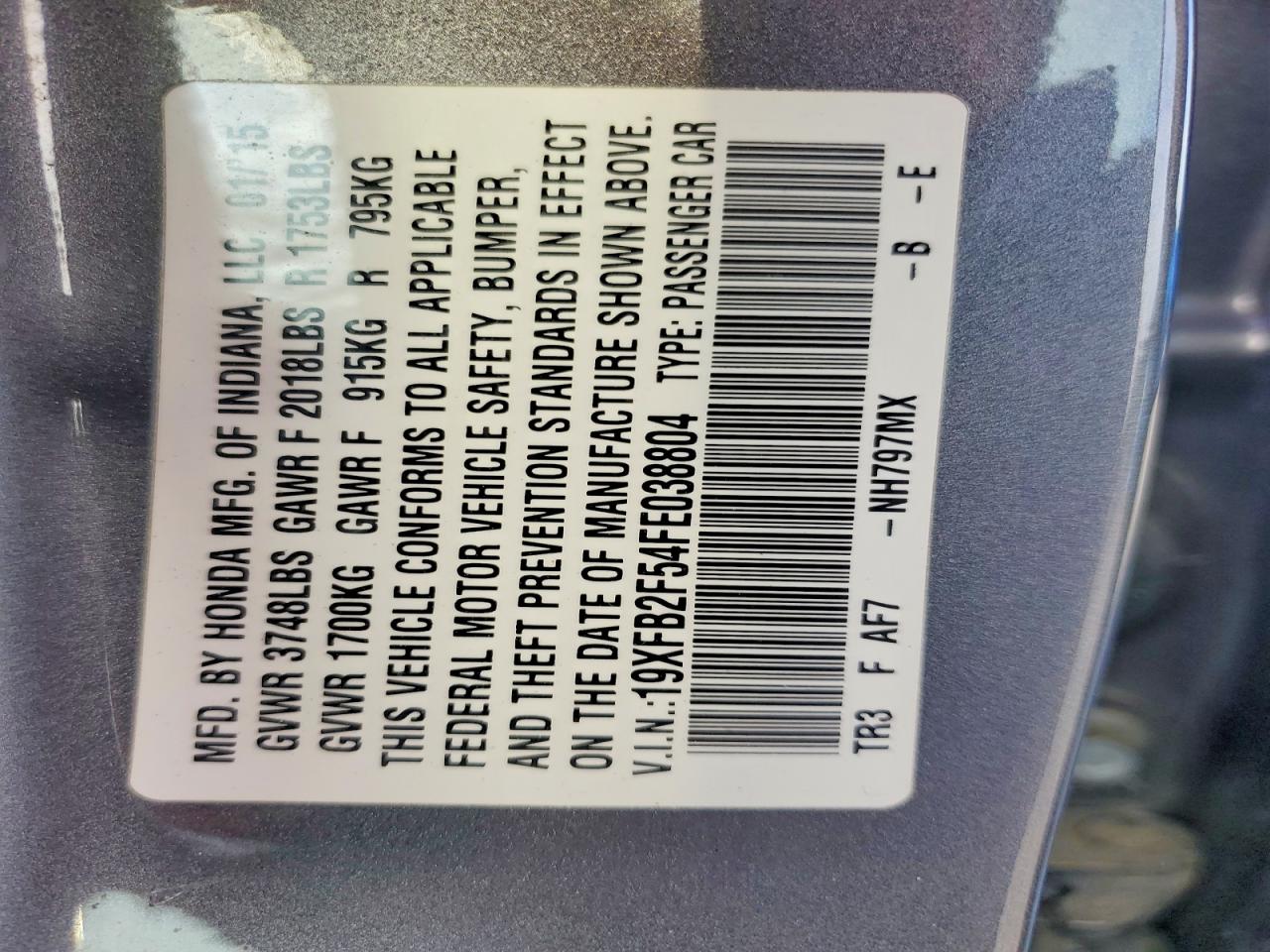 2015 Honda Civic Lx Gray vin: 19XFB2F54FE038804