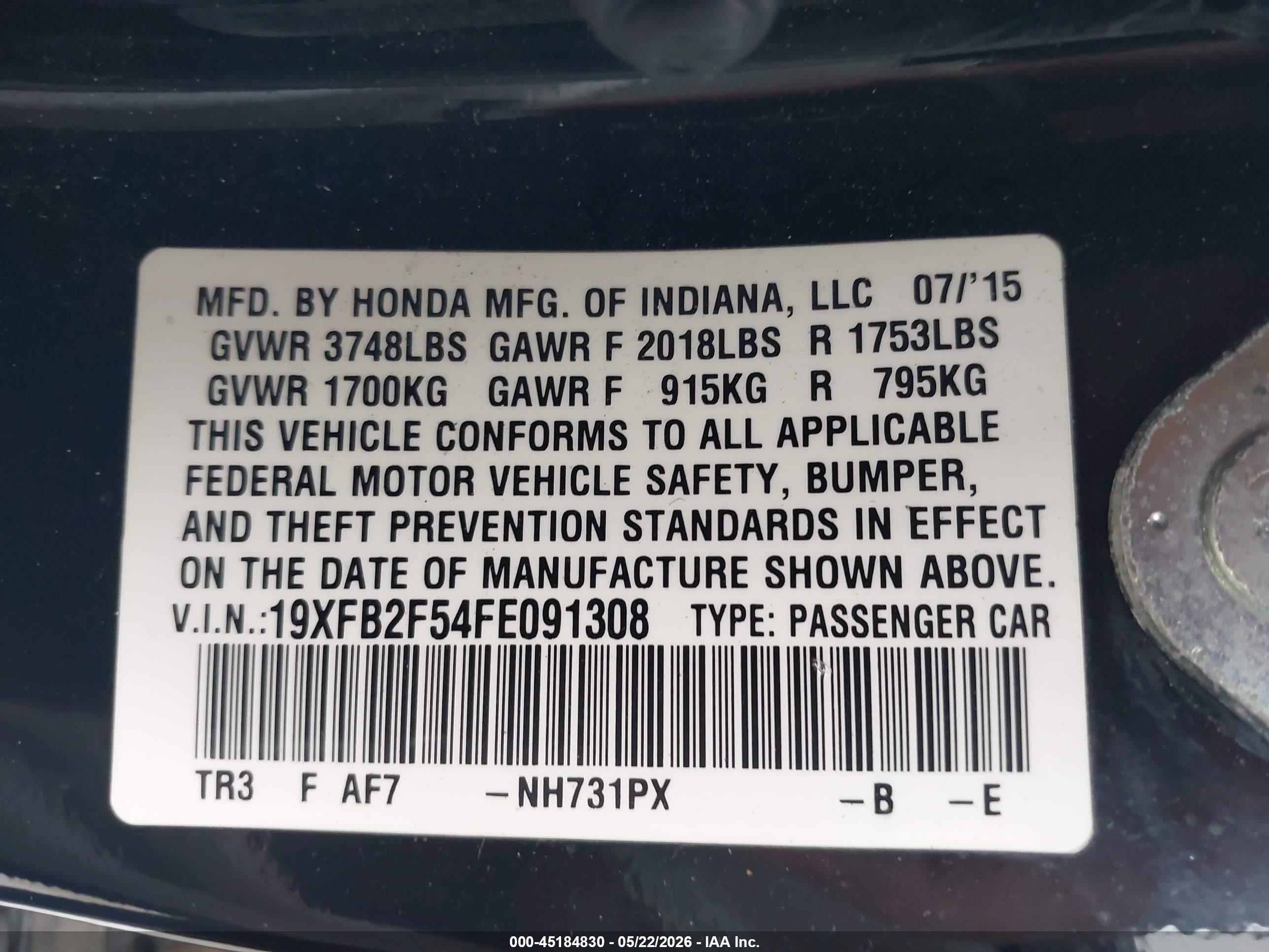 2015 Honda Civic Lx Black vin: 19XFB2F54FE091308