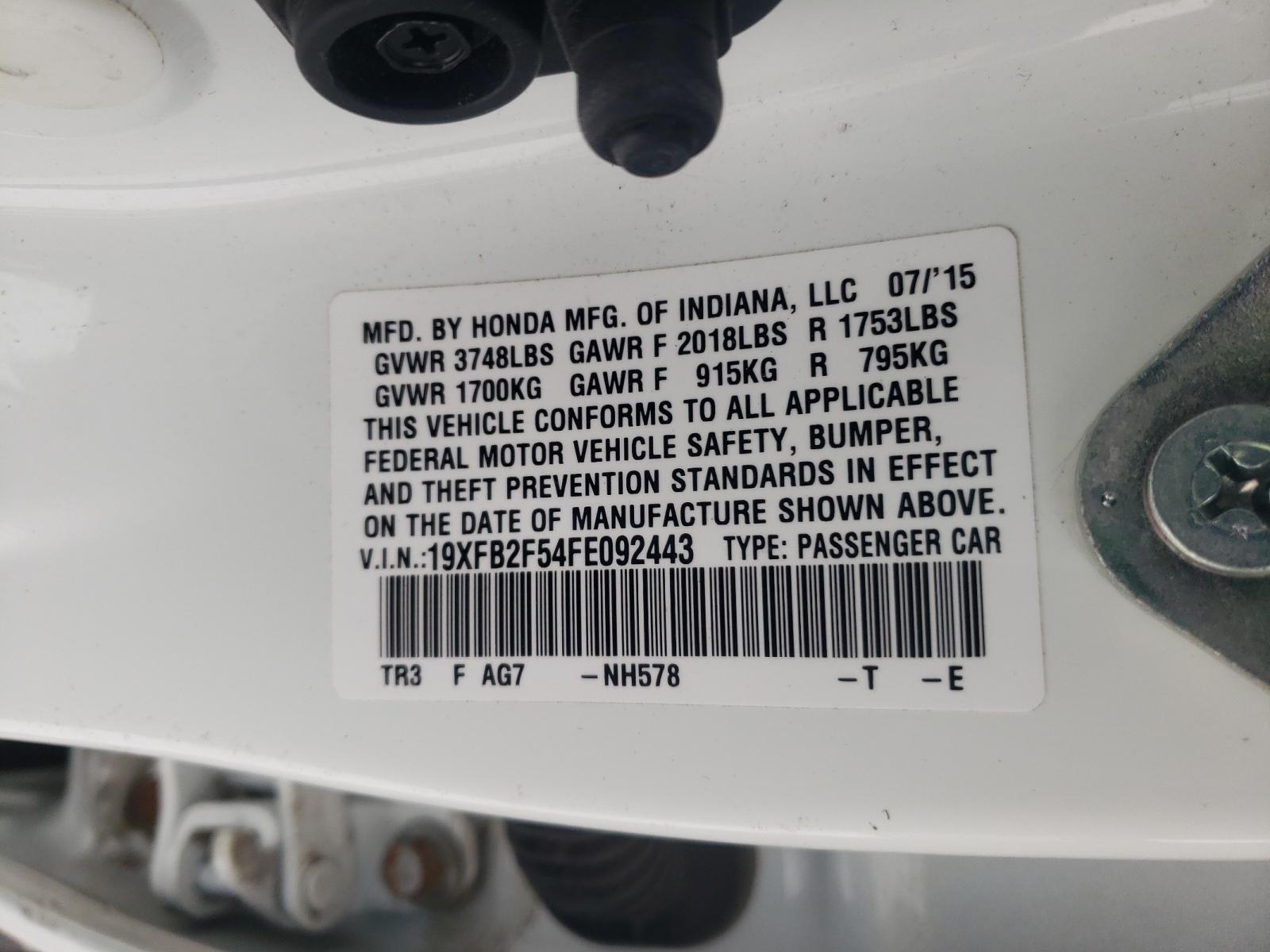 2015 Honda Civic Lx White vin: 19XFB2F54FE092443