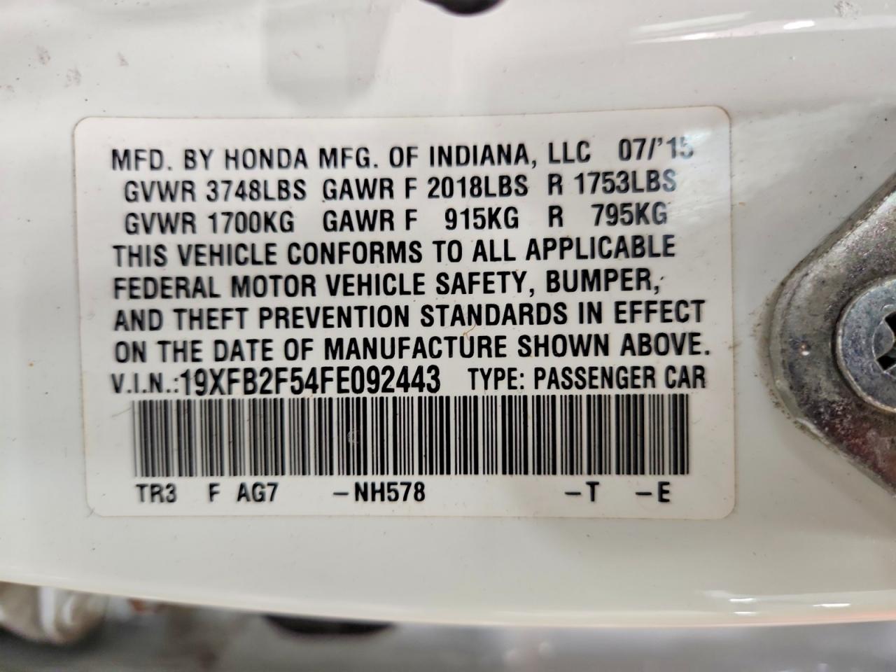 2015 Honda Civic Lx White vin: 19XFB2F54FE092443