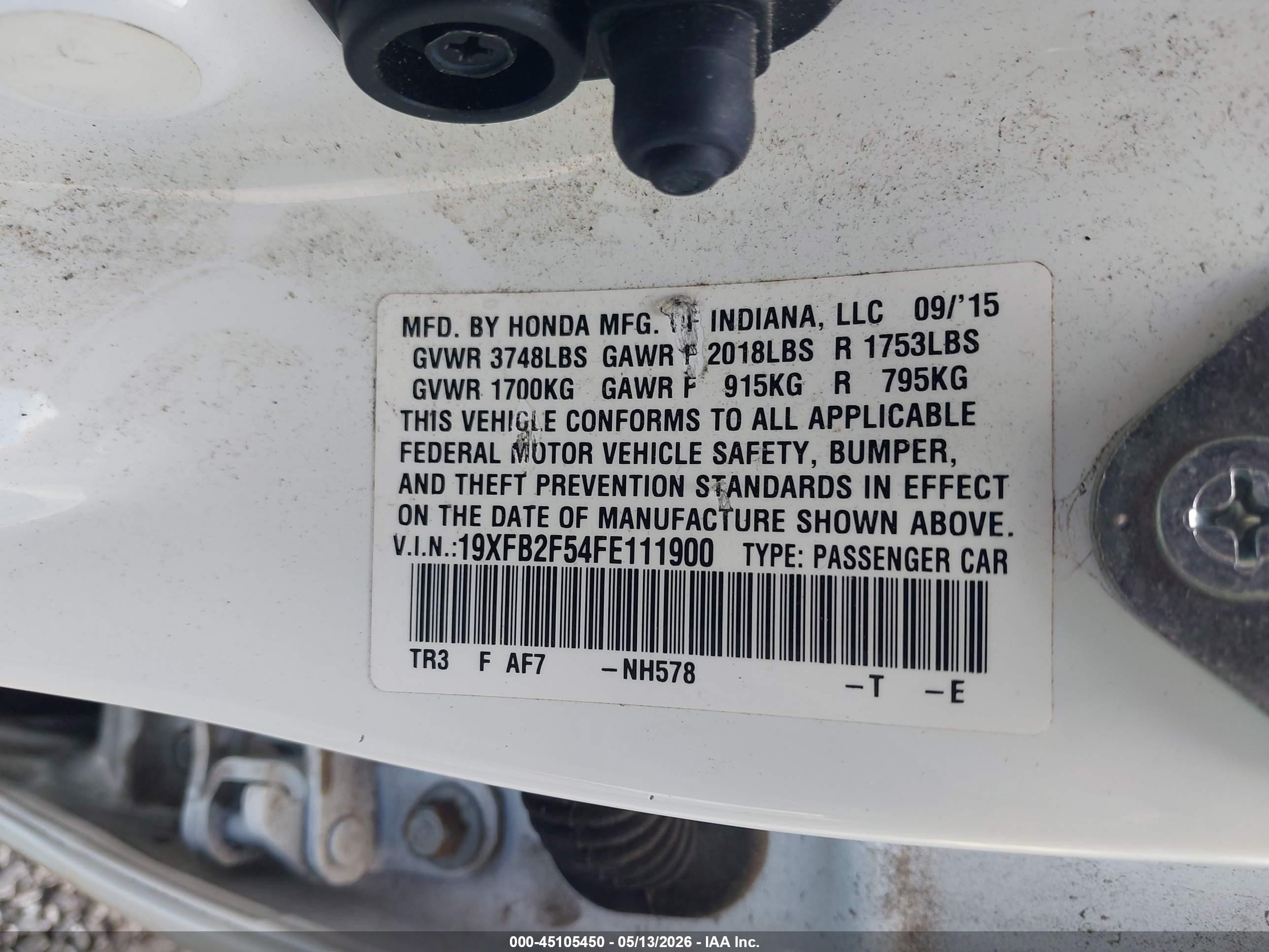 2015 Honda Civic Lx White vin: 19XFB2F54FE111900