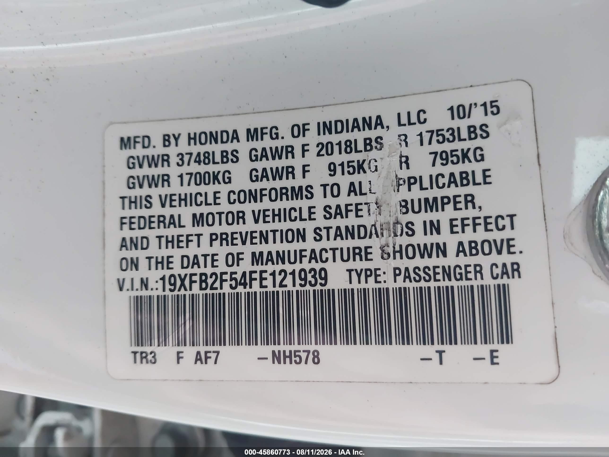 2015 Honda Civic Lx White vin: 19XFB2F54FE121939