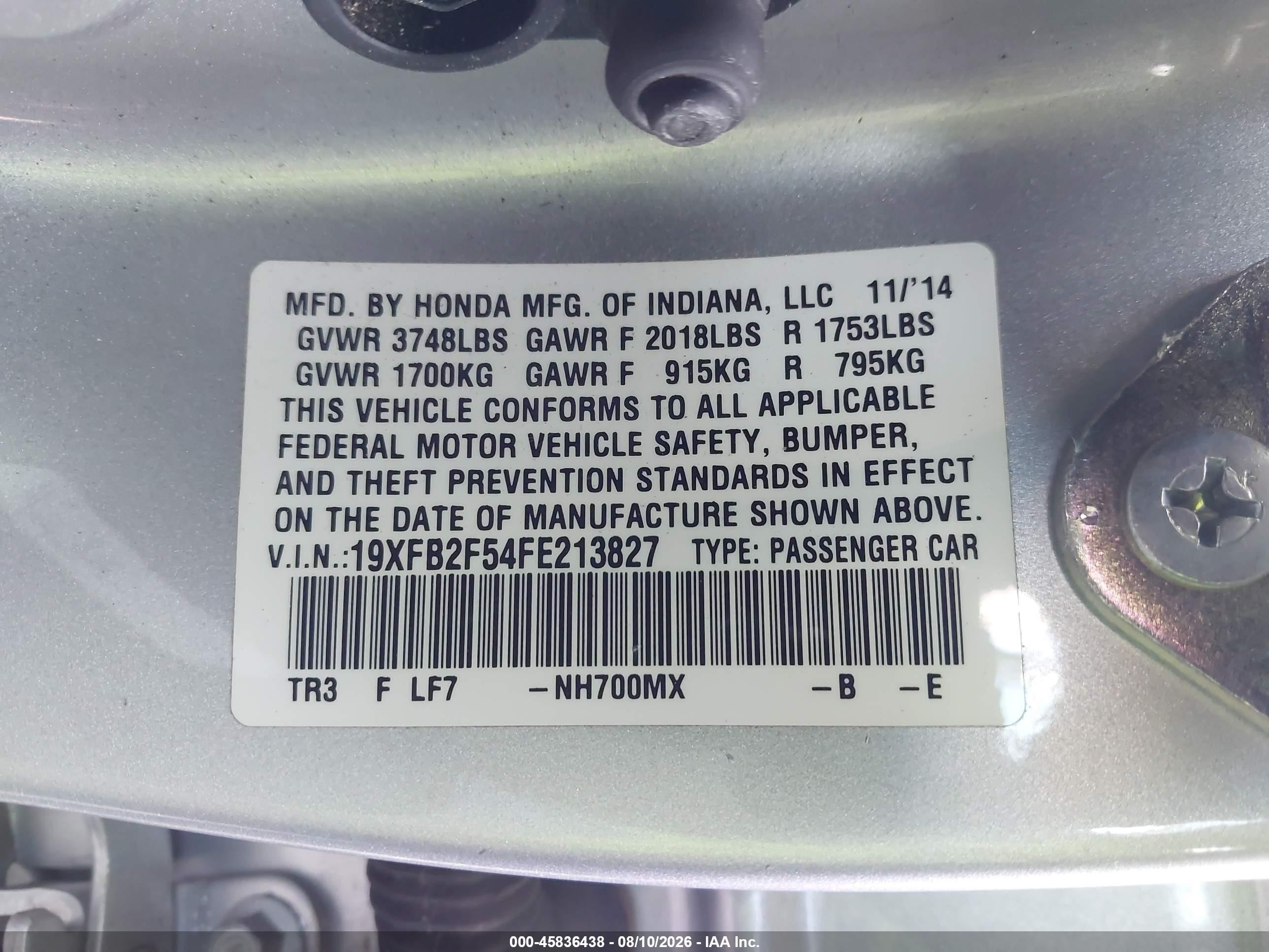 2015 Honda Civic Lx Серебряный vin: 19XFB2F54FE213827