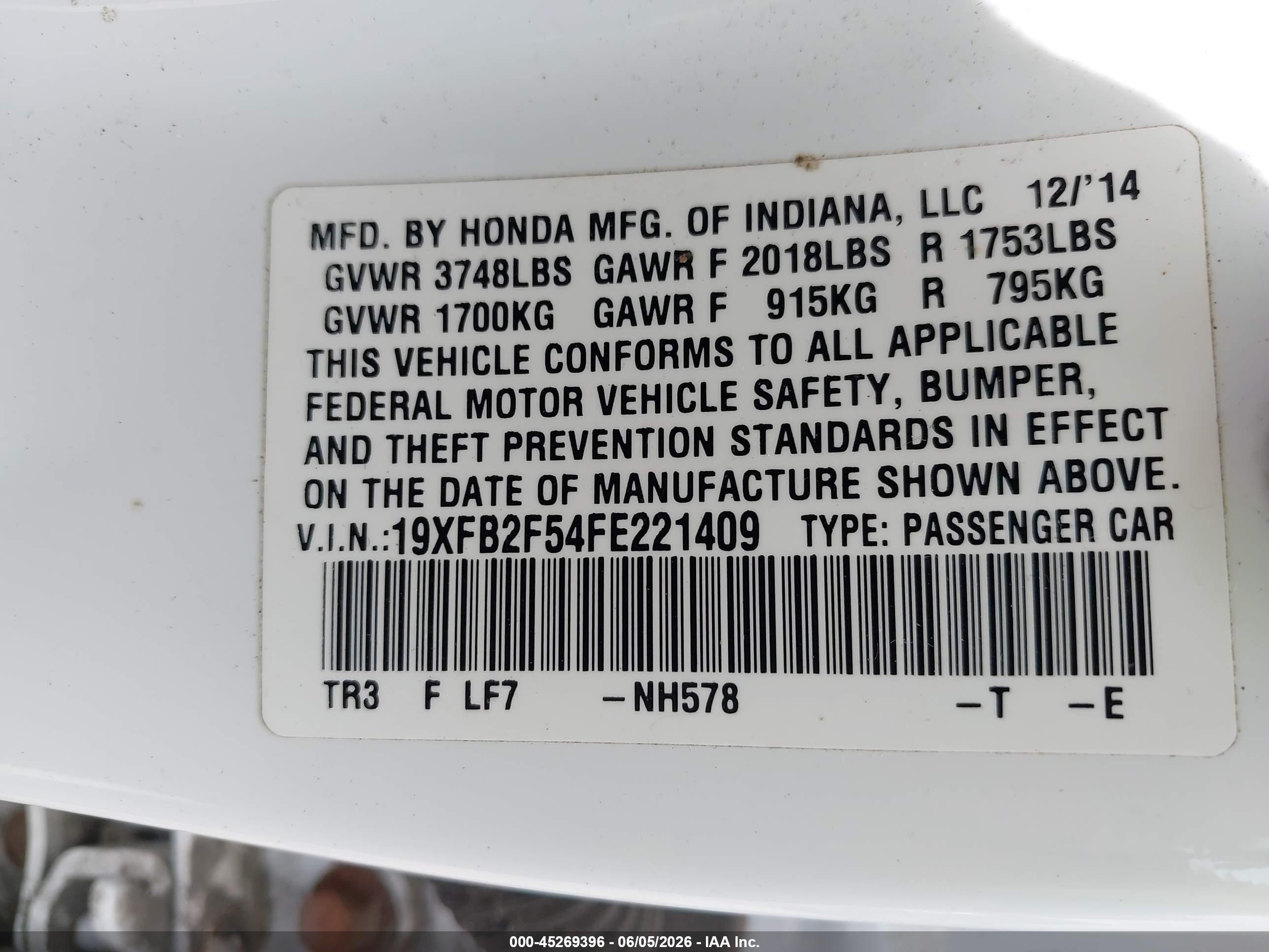 2015 Honda Civic Lx White vin: 19XFB2F54FE221409
