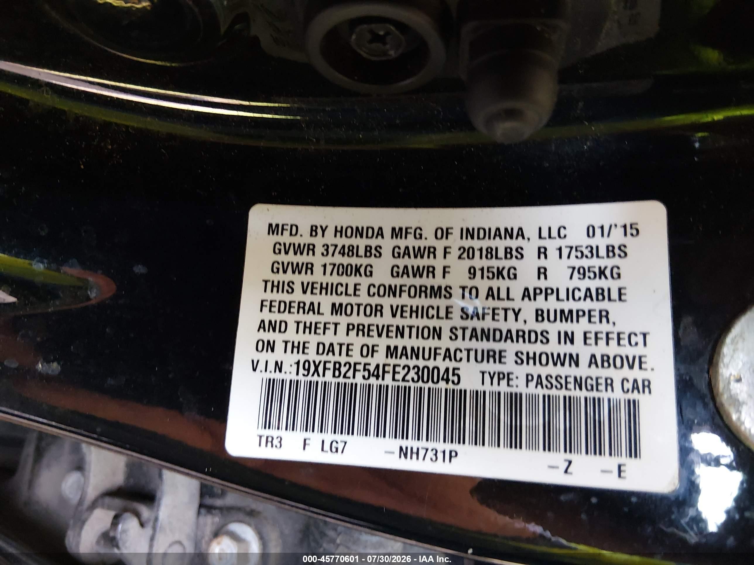 2015 Honda Civic Lx Black vin: 19XFB2F54FE230045