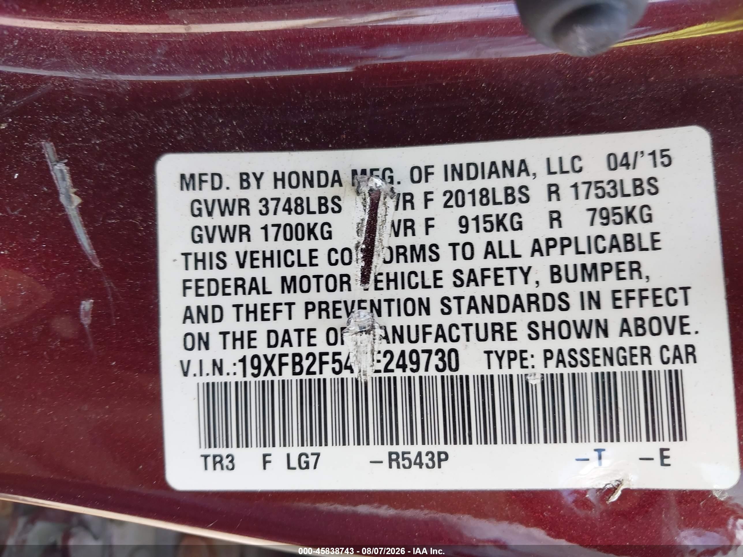 2015 Honda Civic Lx Burgundy vin: 19XFB2F54FE249730