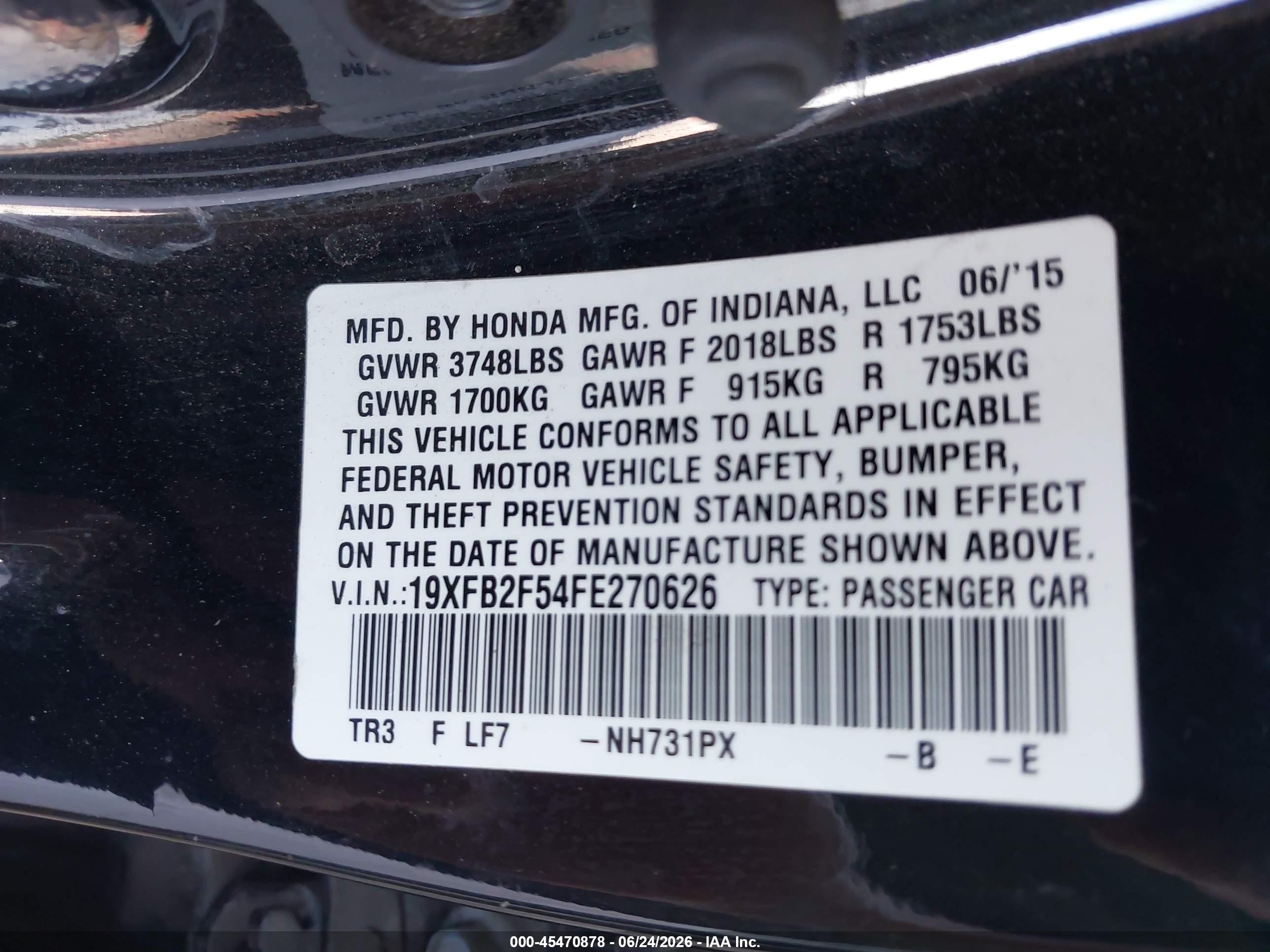 2015 Honda Civic Lx Black vin: 19XFB2F54FE270626