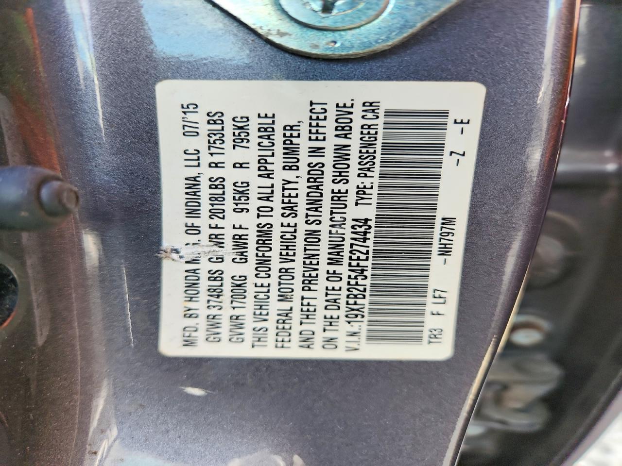 2015 Honda Civic Lx Gray vin: 19XFB2F54FE274434