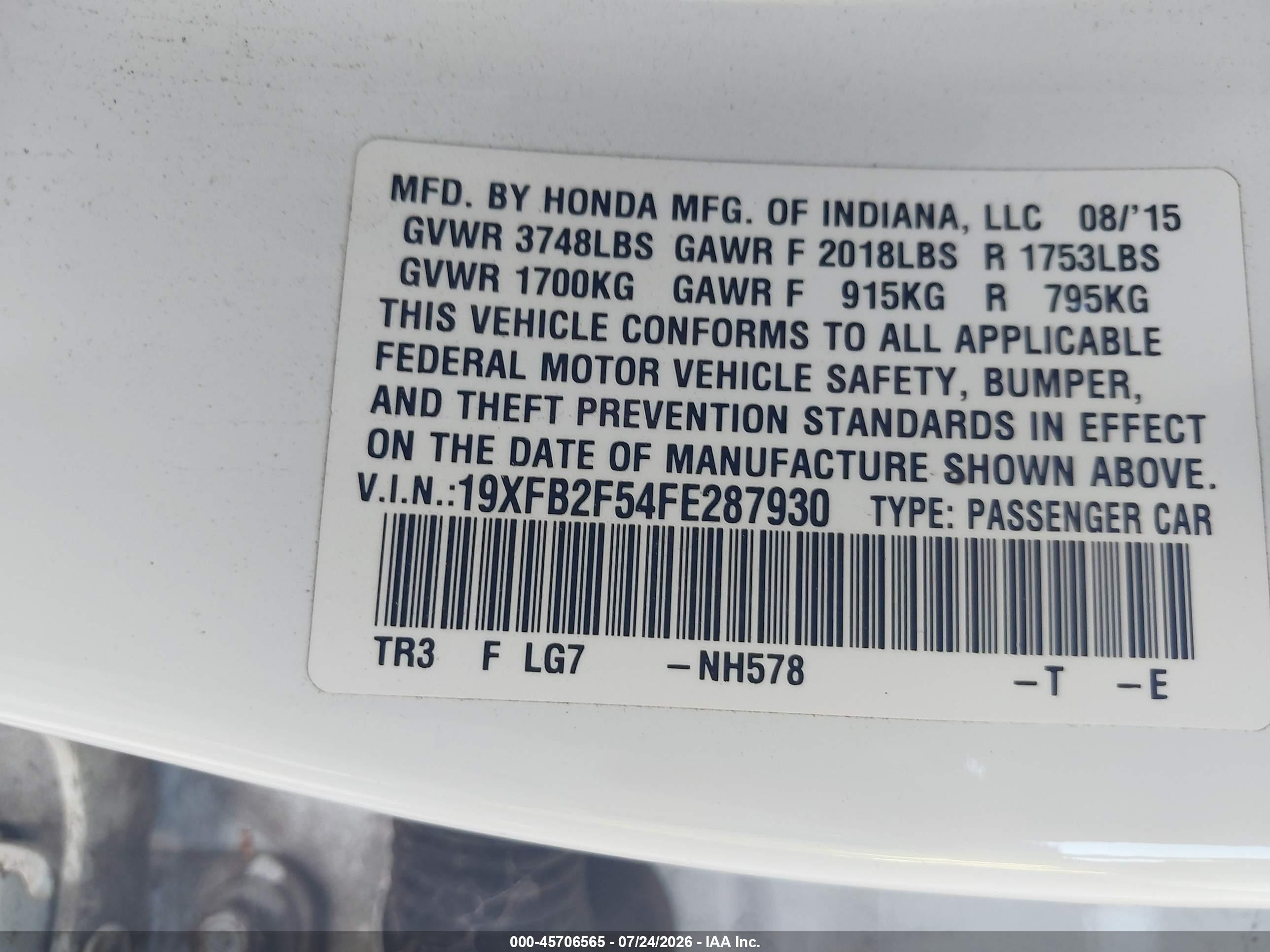 2015 Honda Civic Lx Белый vin: 19XFB2F54FE287930