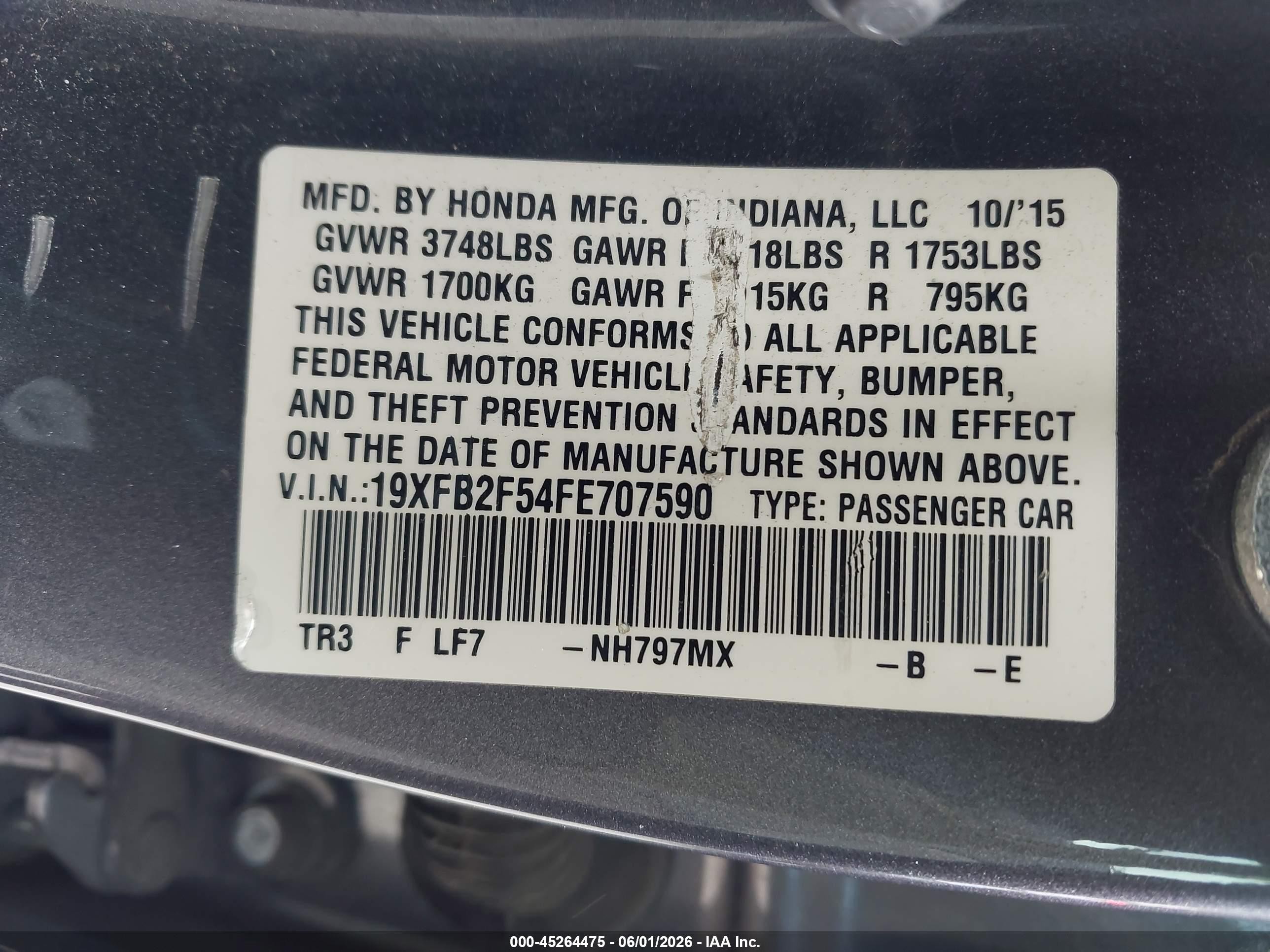 2015 Honda Civic Lx Gray vin: 19XFB2F54FE707590