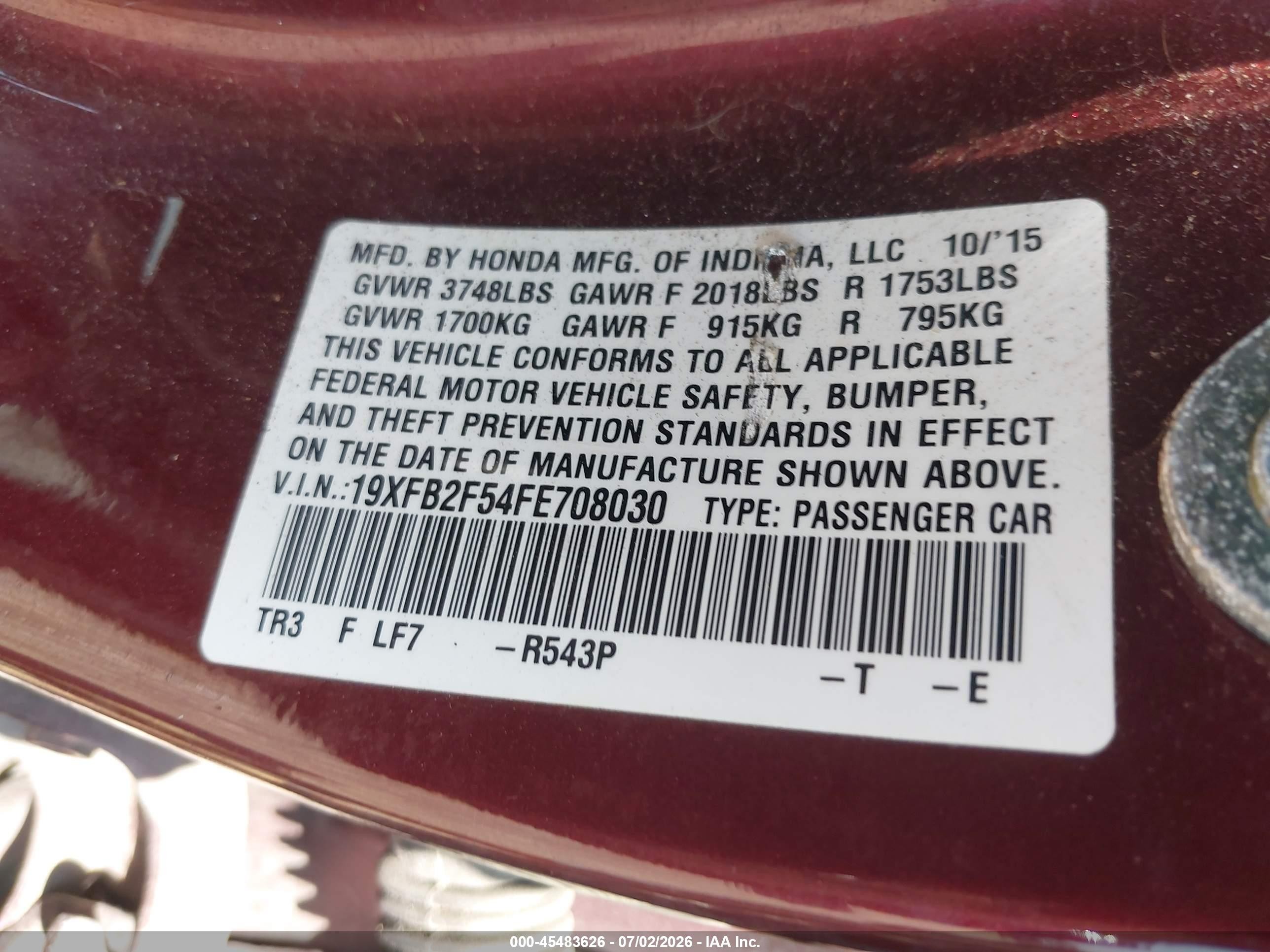2015 Honda Civic Lx Maroon vin: 19XFB2F54FE708030