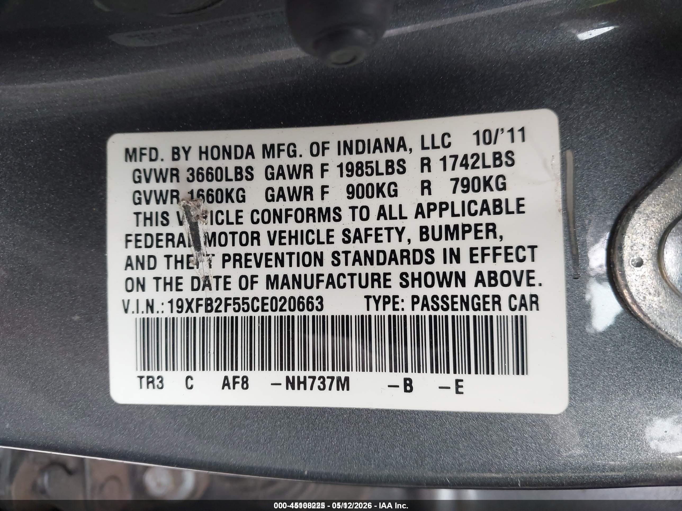2012 Honda Civic Lx Gray vin: 19XFB2F55CE020663