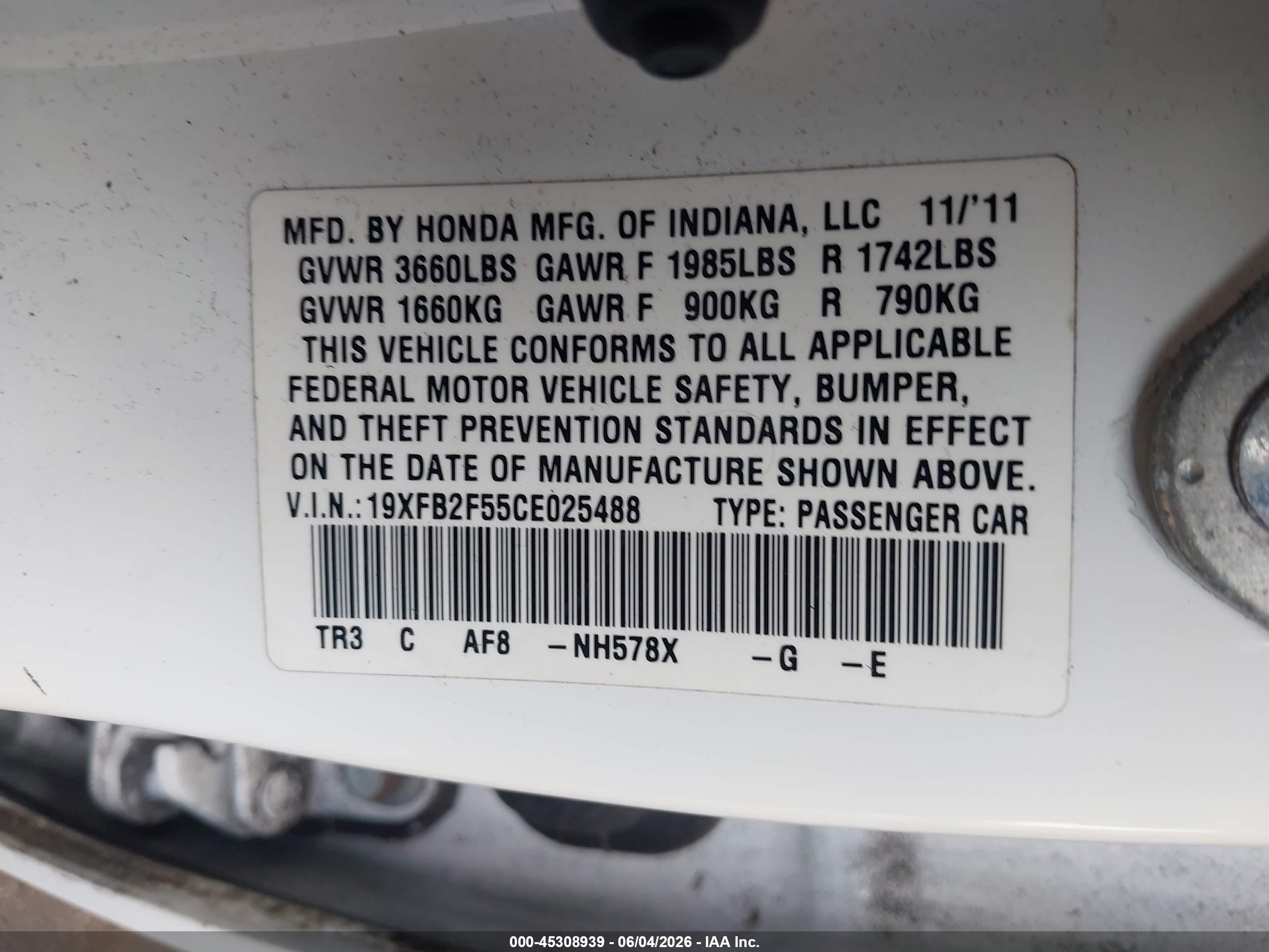2012 Honda Civic Lx White vin: 19XFB2F55CE025488