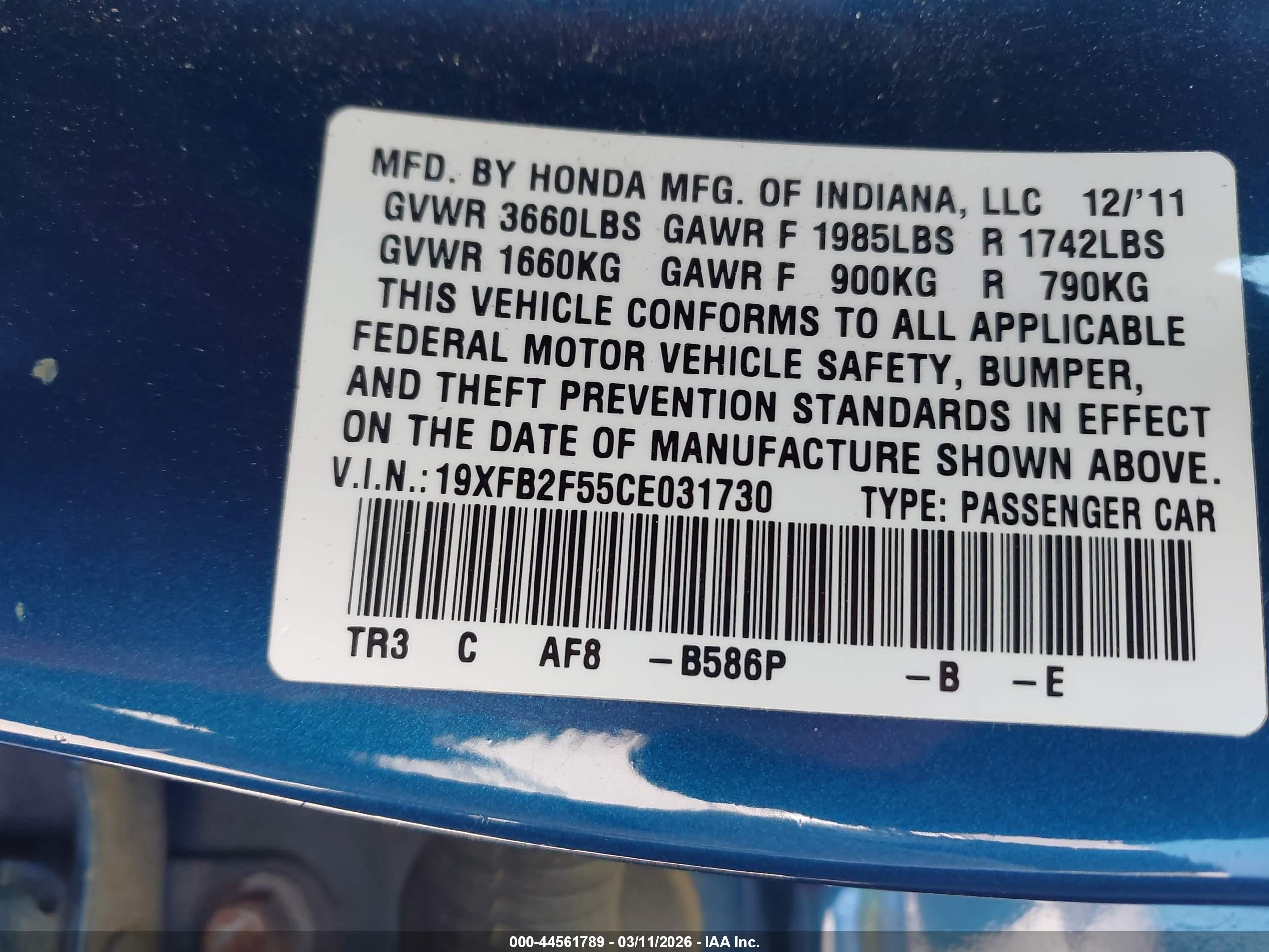 2012 Honda Civic Lx Blue vin: 19XFB2F55CE031730