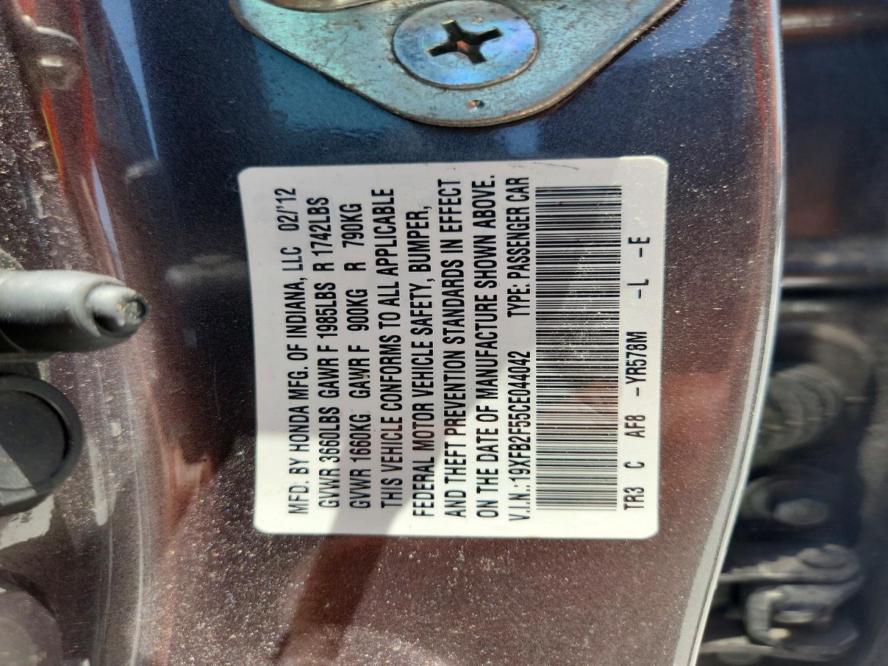 2012 Honda Civic Lx Gray vin: 19XFB2F55CE044042