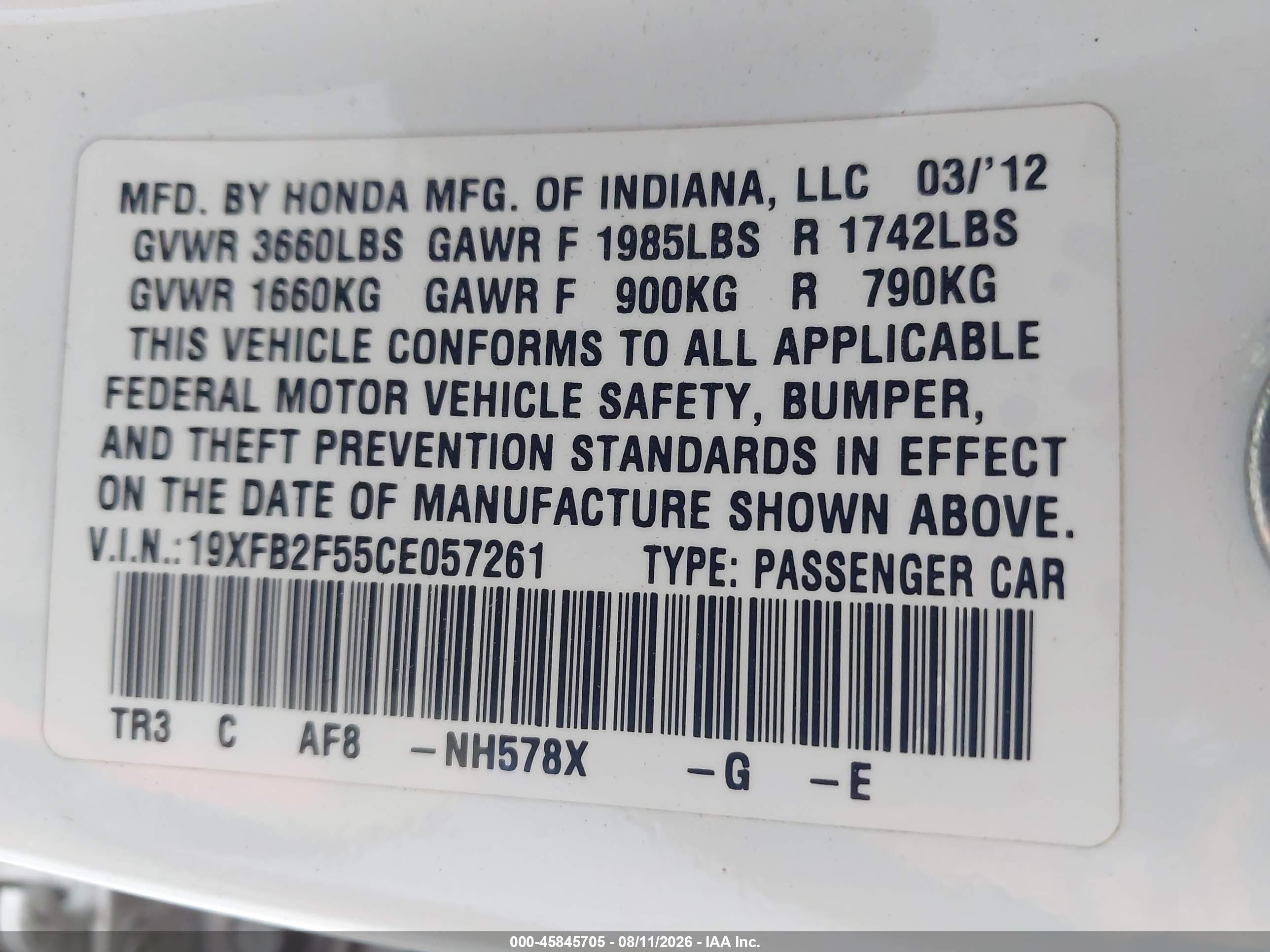 2012 Honda Civic Lx Белый vin: 19XFB2F55CE057261