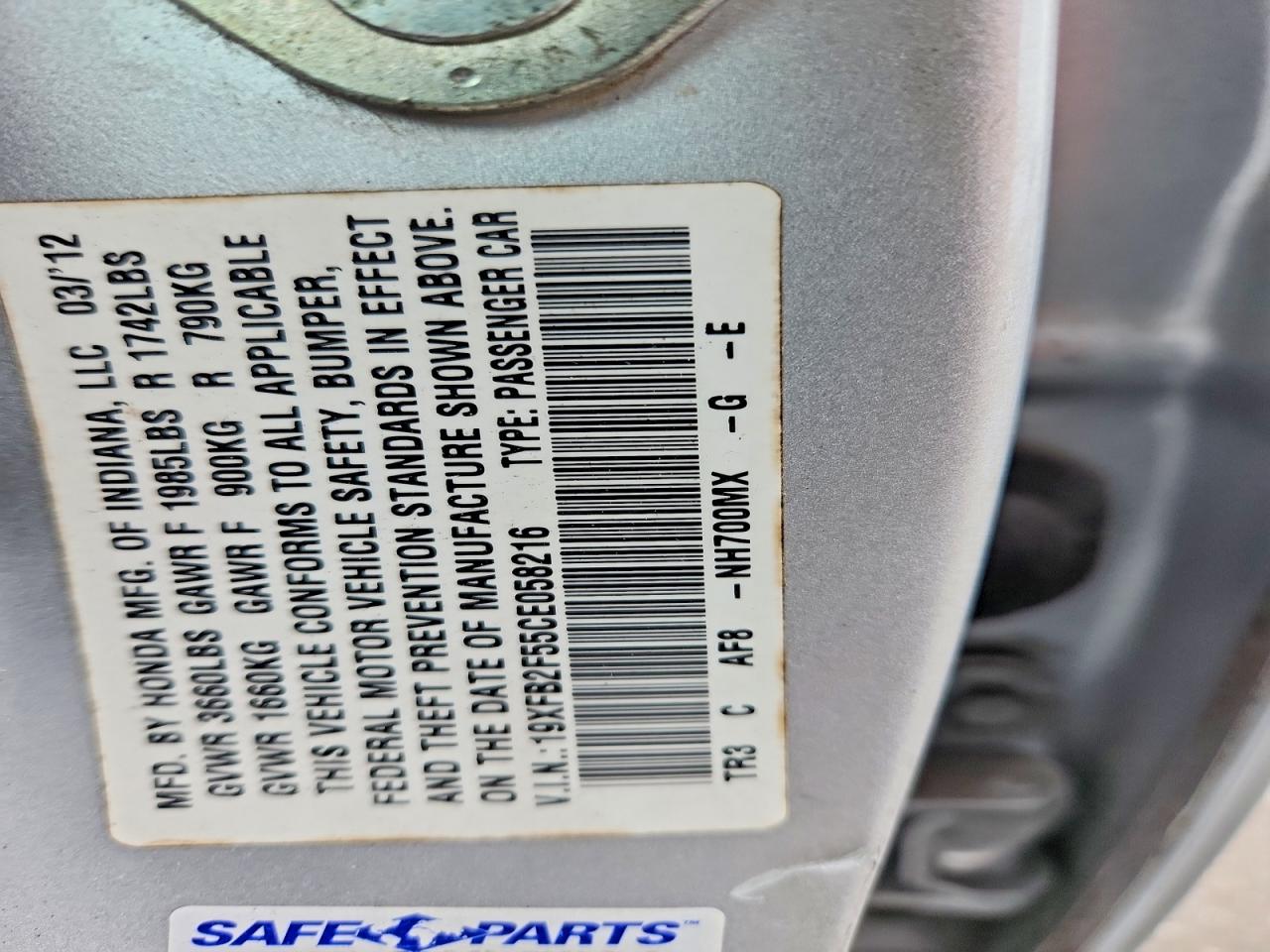 2012 Honda Civic Lx Silver vin: 19XFB2F55CE058216
