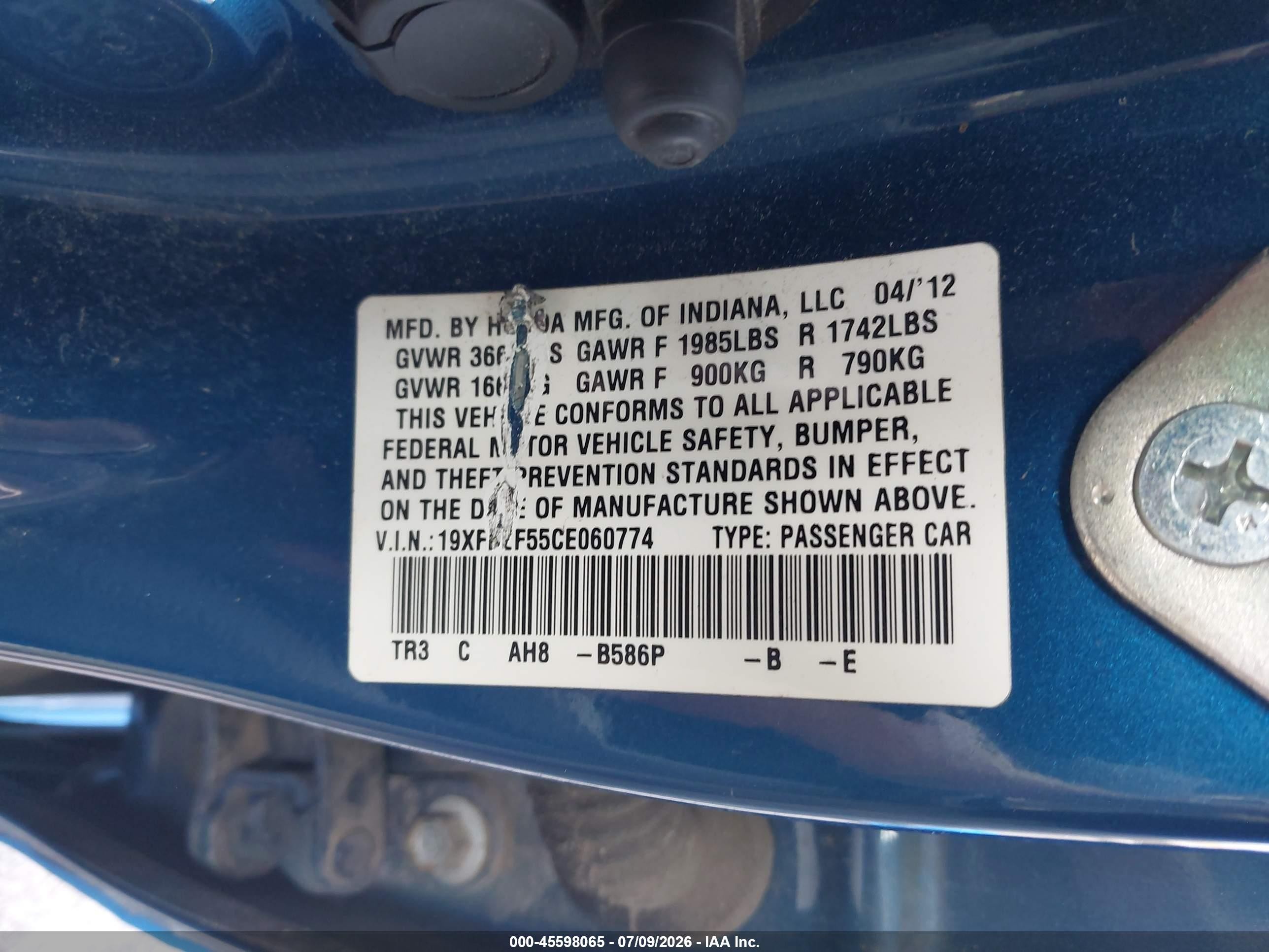 2012 Honda Civic Lx Blue vin: 19XFB2F55CE060774