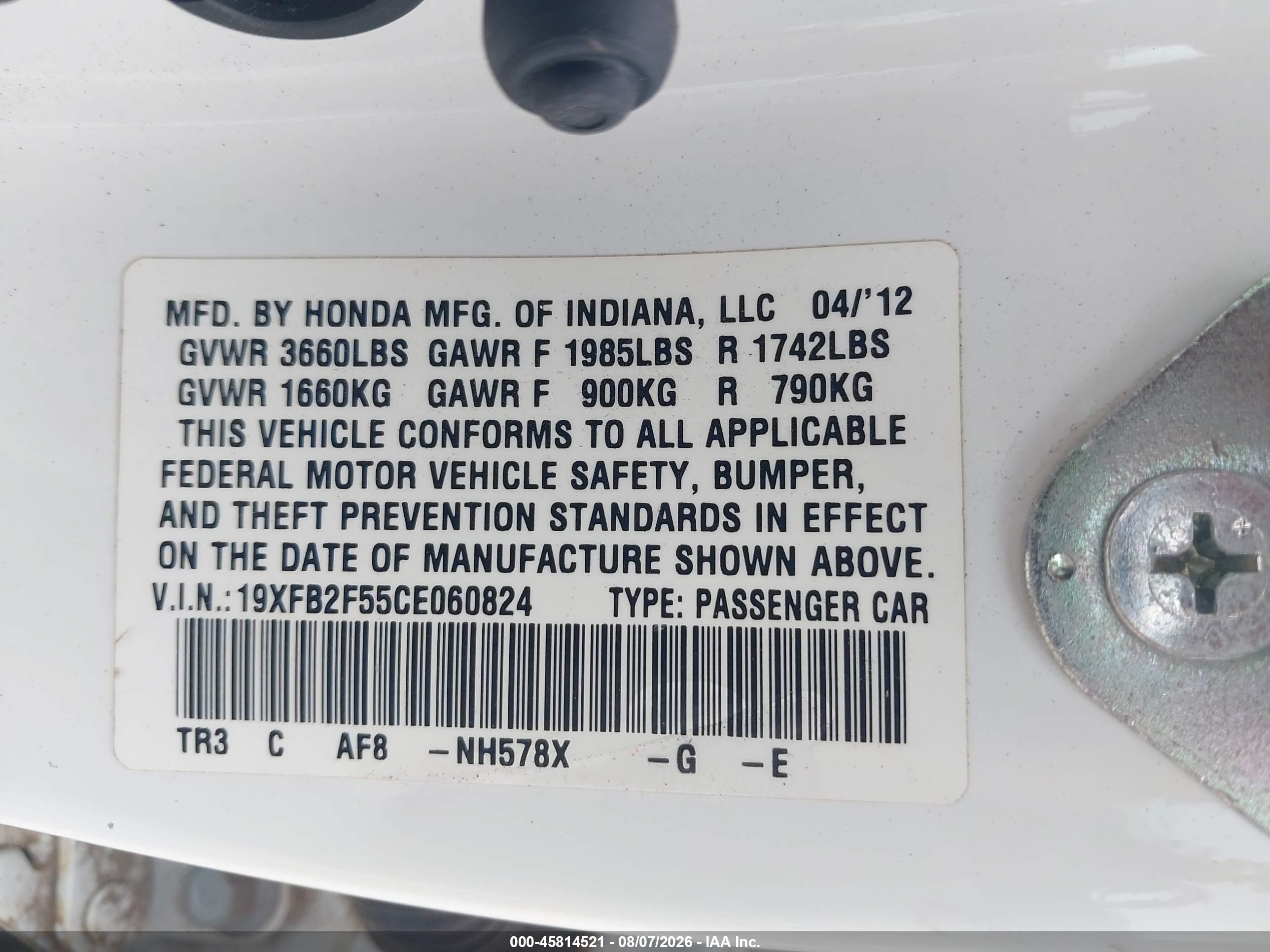 2012 Honda Civic Lx White vin: 19XFB2F55CE060824