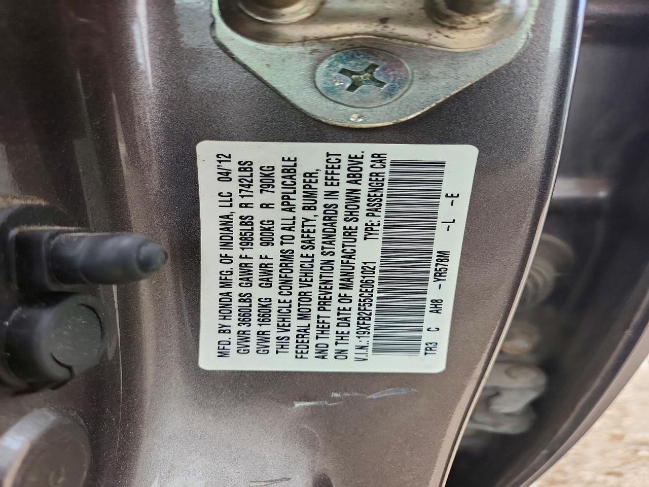 2012 Honda Civic Lx Gray vin: 19XFB2F55CE061021