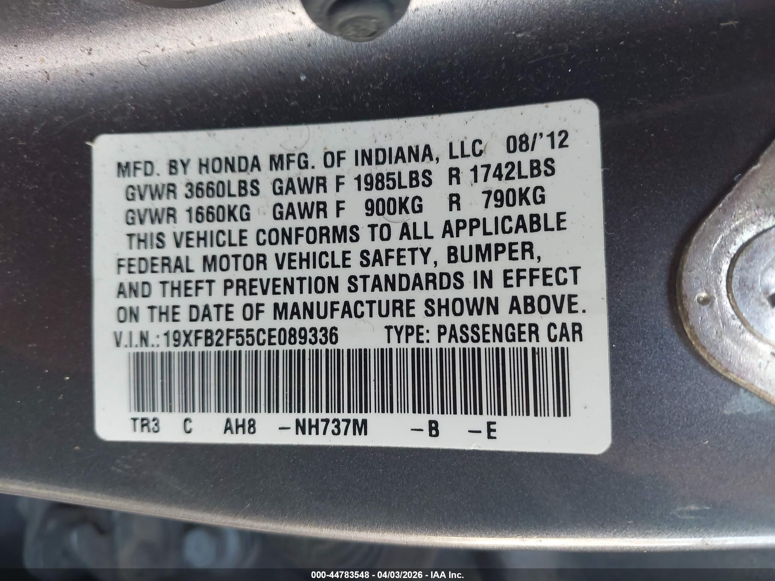 2012 Honda Civic Lx Gray vin: 19XFB2F55CE089336