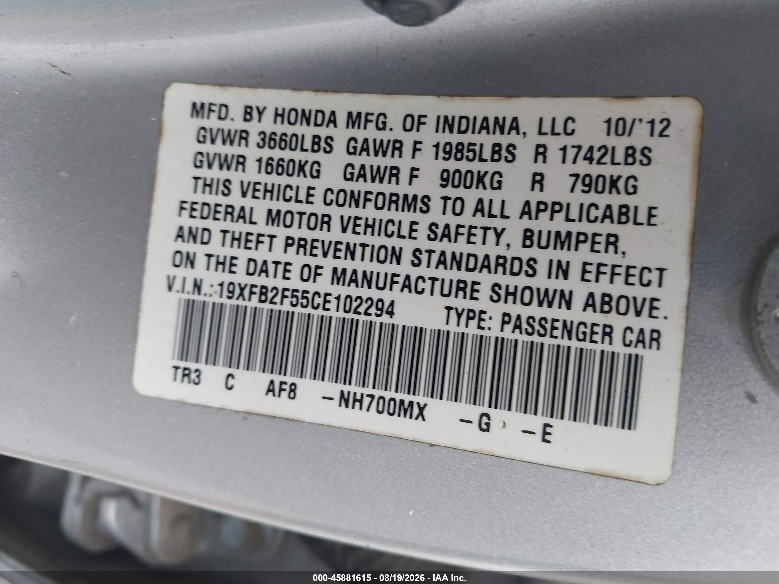 2012 Honda Civic Lx Silver vin: 19XFB2F55CE102294