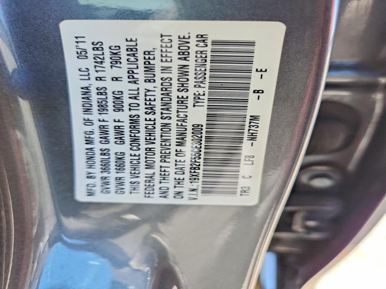 2012 Honda Civic Lx Gray vin: 19XFB2F55CE302009