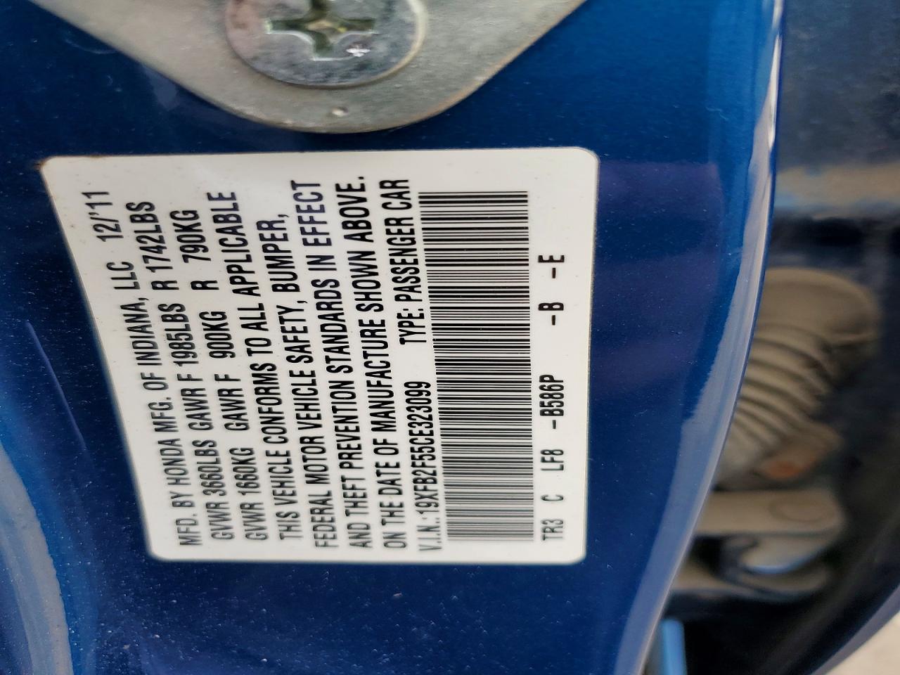 2012 Honda Civic Lx Blue vin: 19XFB2F55CE323099
