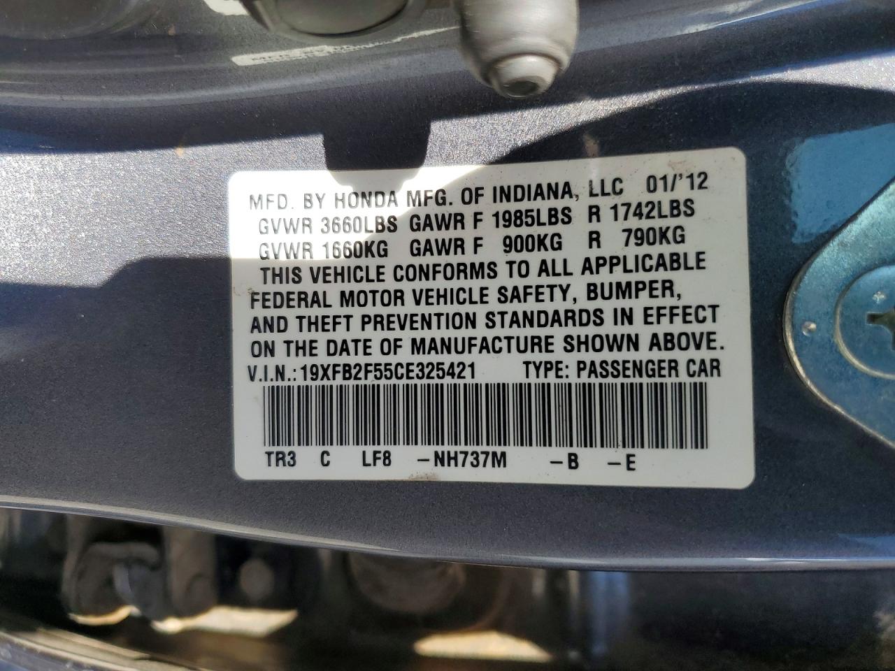 2012 Honda Civic Lx Серый vin: 19XFB2F55CE325421