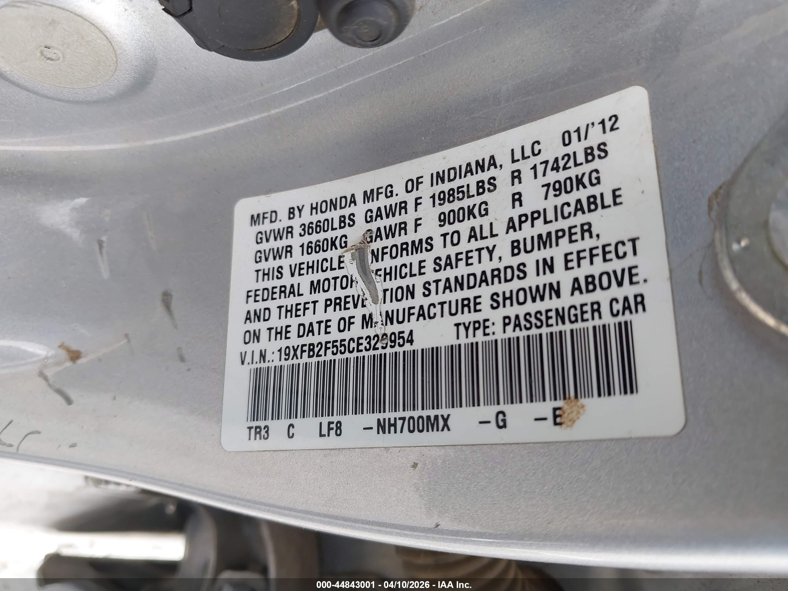 2012 Honda Civic Lx Silver vin: 19XFB2F55CE329954