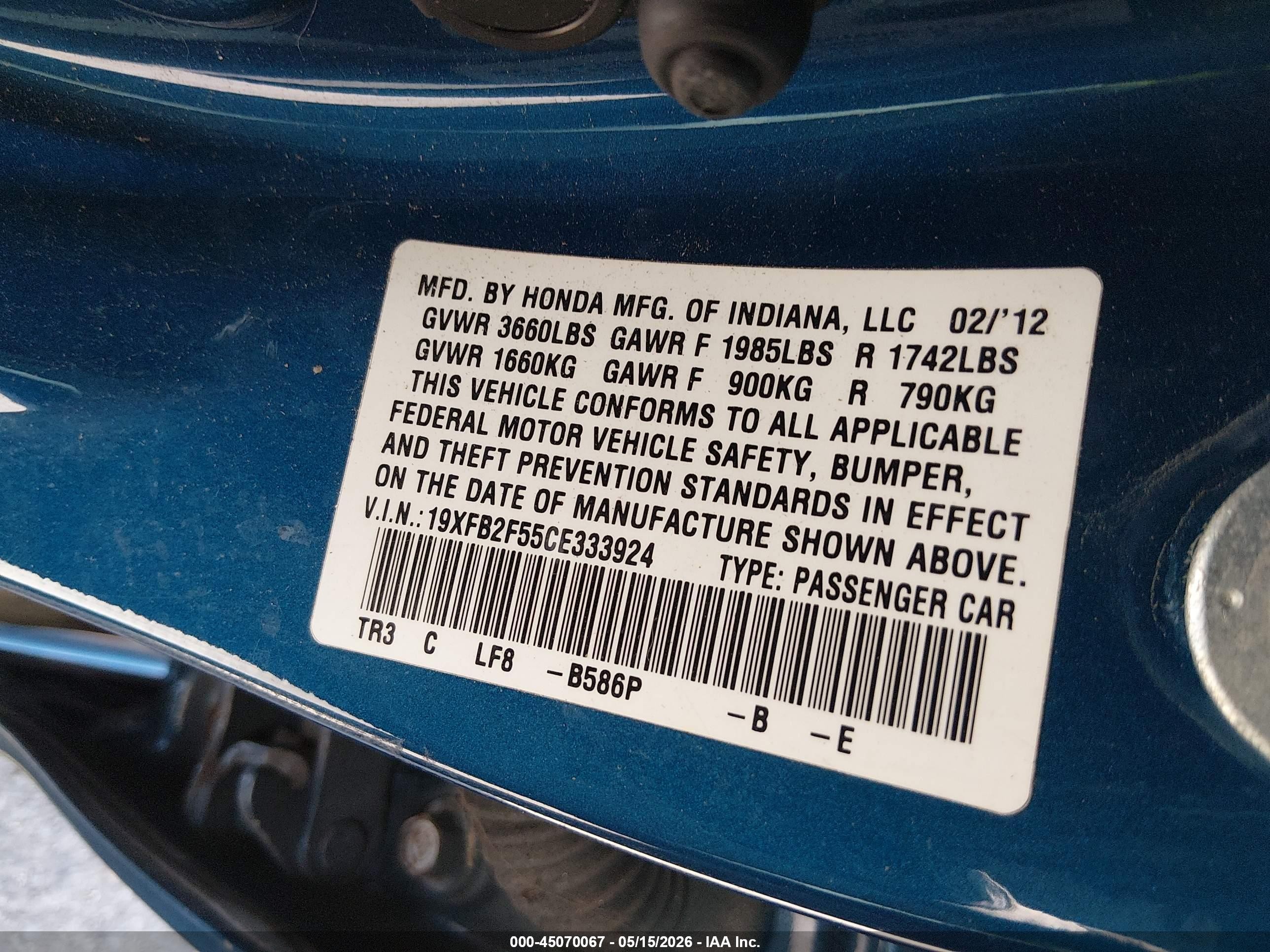2012 Honda Civic Lx Blue vin: 19XFB2F55CE333924