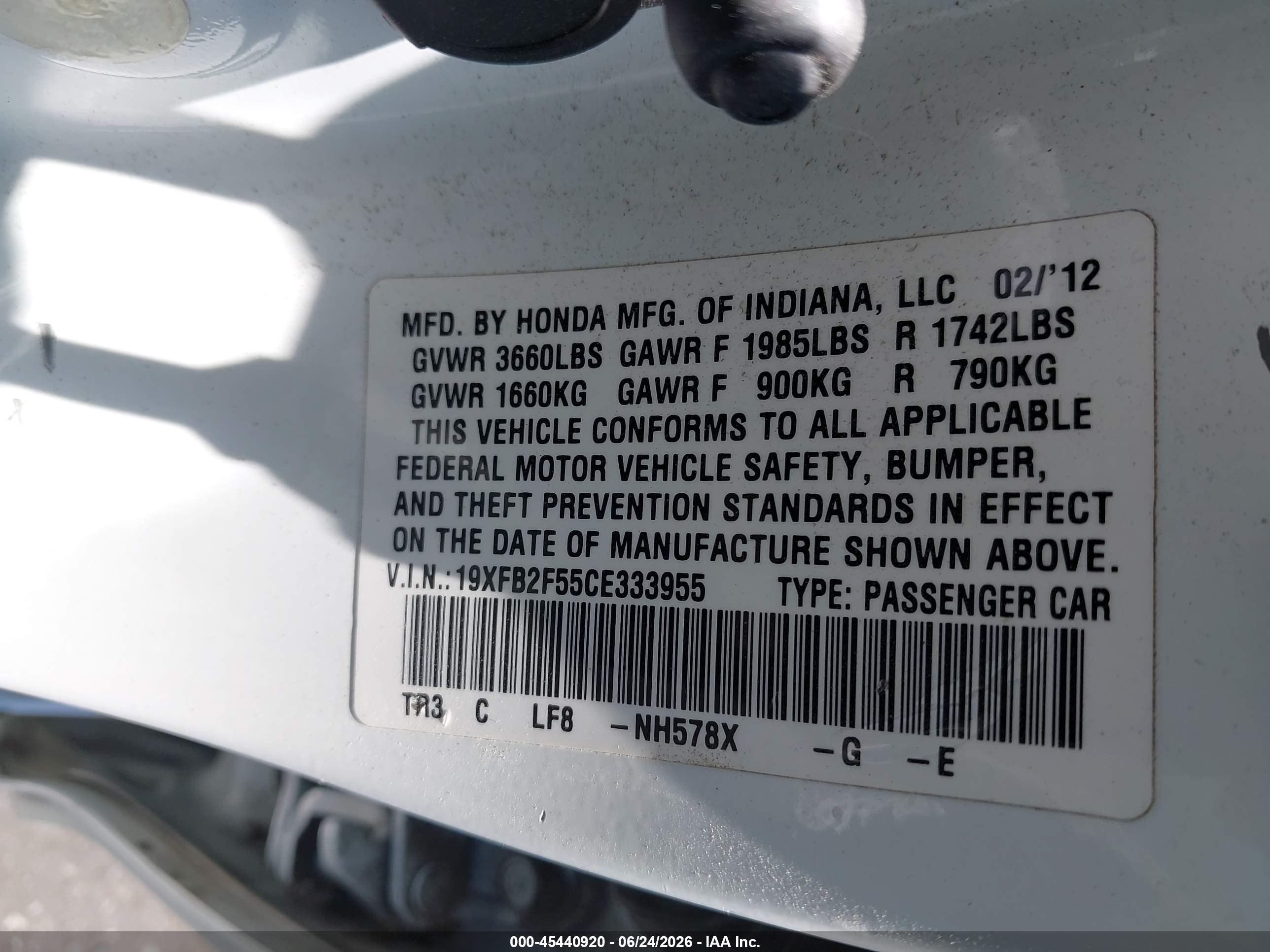 2012 Honda Civic Lx White vin: 19XFB2F55CE333955
