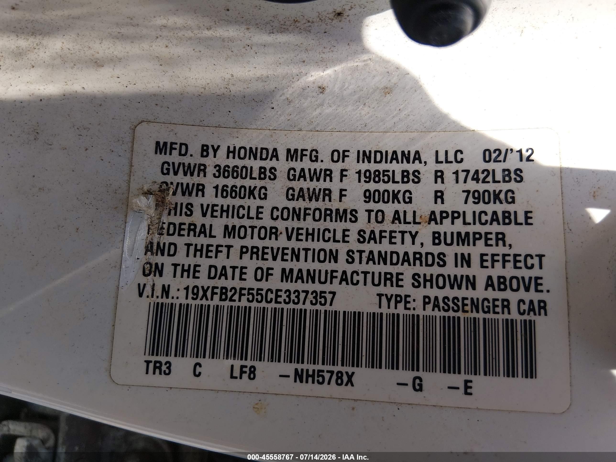 2012 Honda Civic Lx White vin: 19XFB2F55CE337357