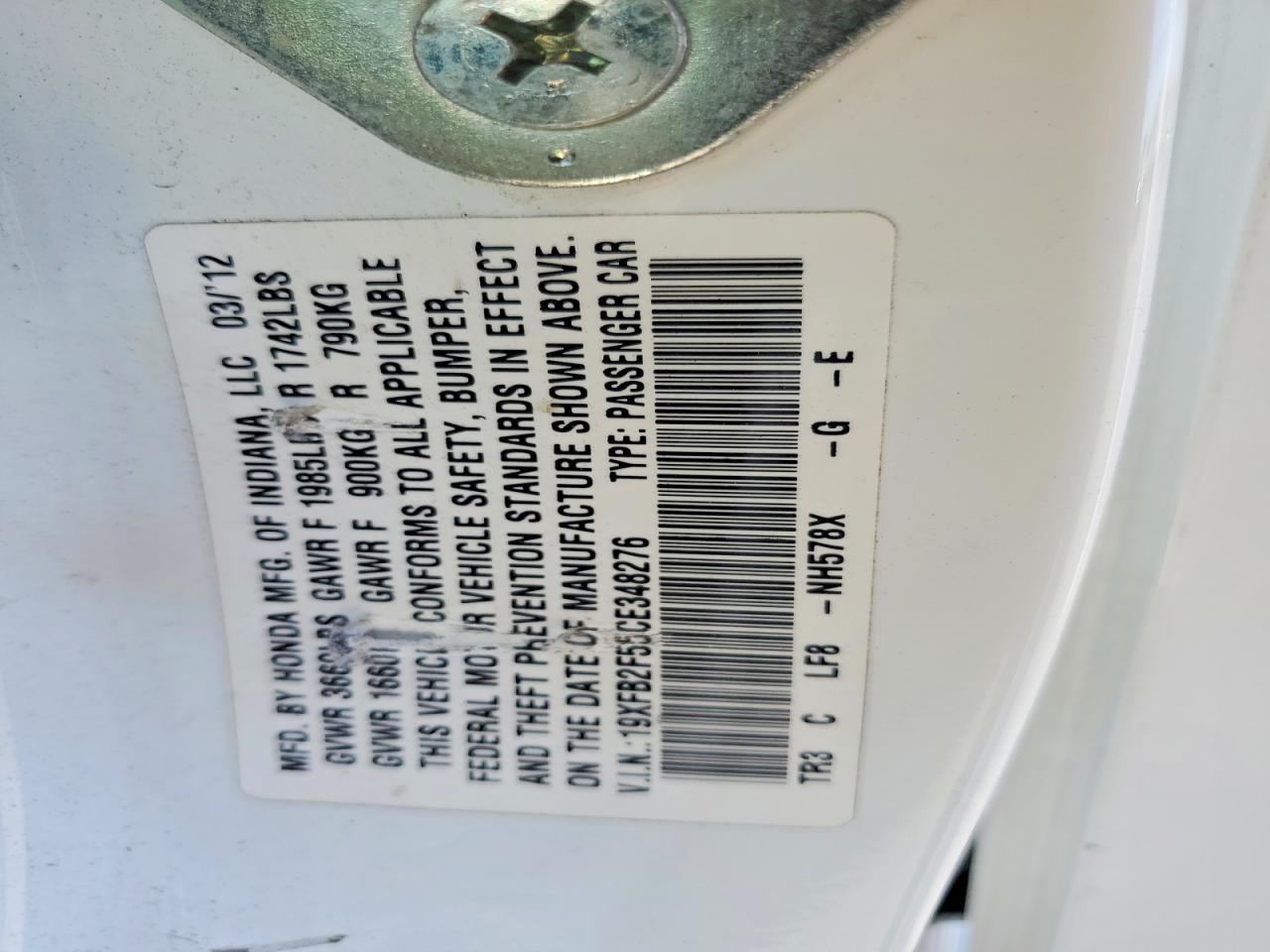 2012 Honda Civic Lx White vin: 19XFB2F55CE348276
