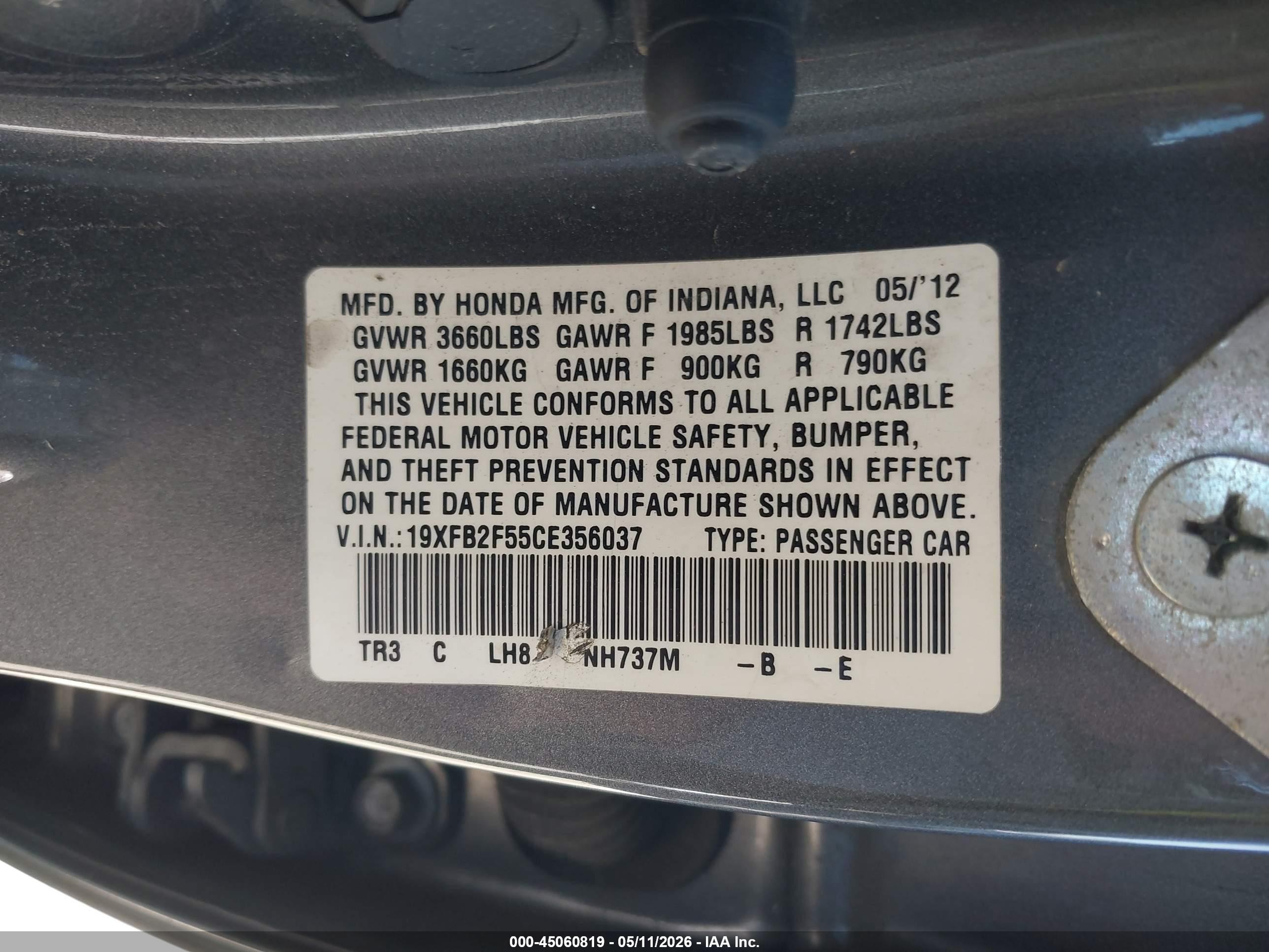 2012 Honda Civic Lx Gray vin: 19XFB2F55CE356037