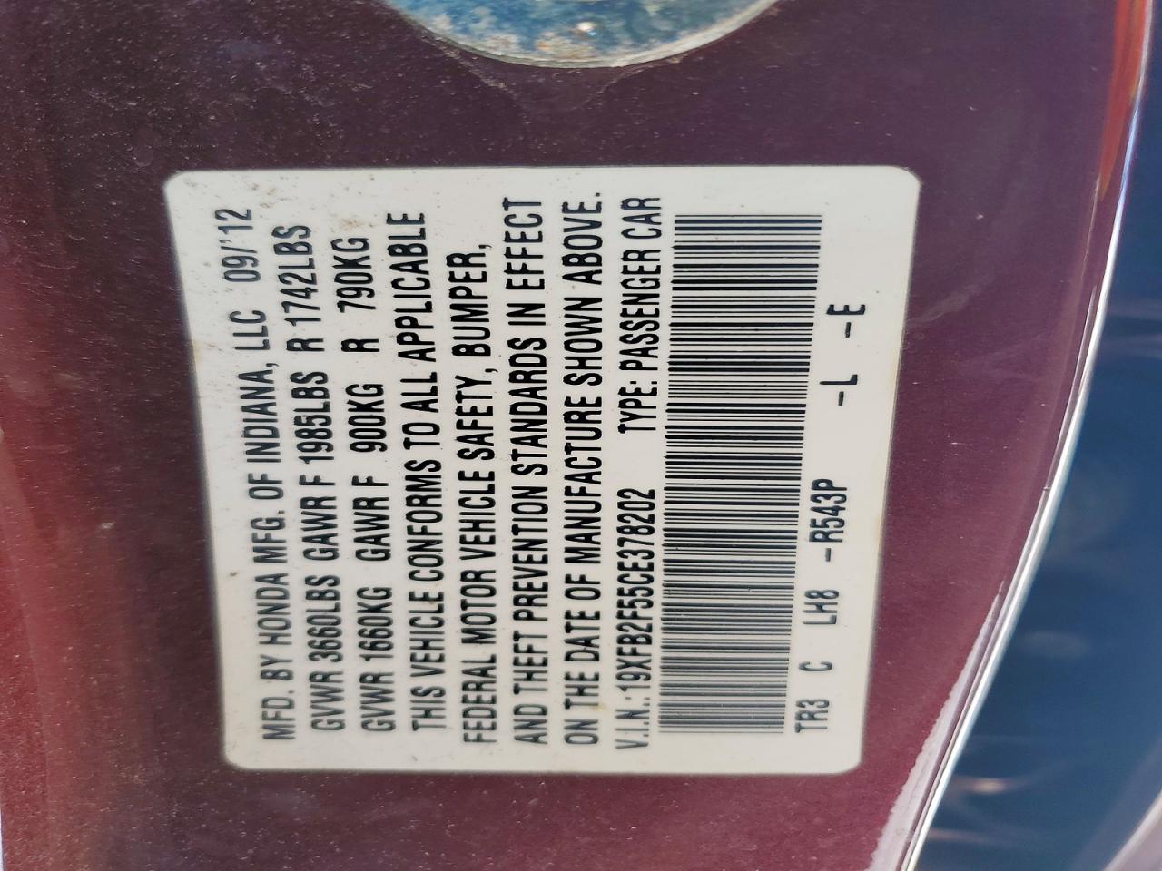 2012 Honda Civic Lx Burgundy vin: 19XFB2F55CE378202