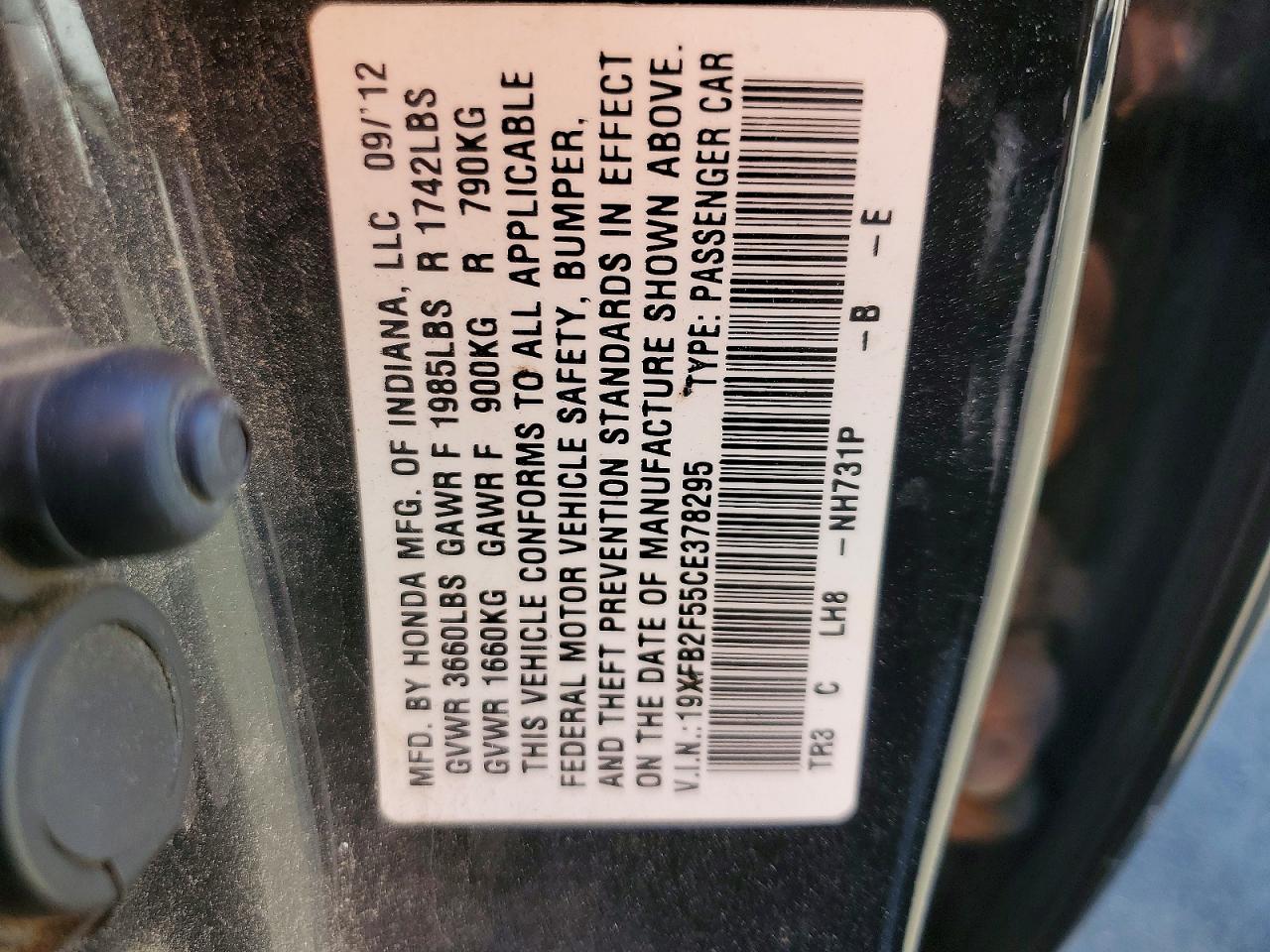 2012 Honda Civic Lx Black vin: 19XFB2F55CE378295