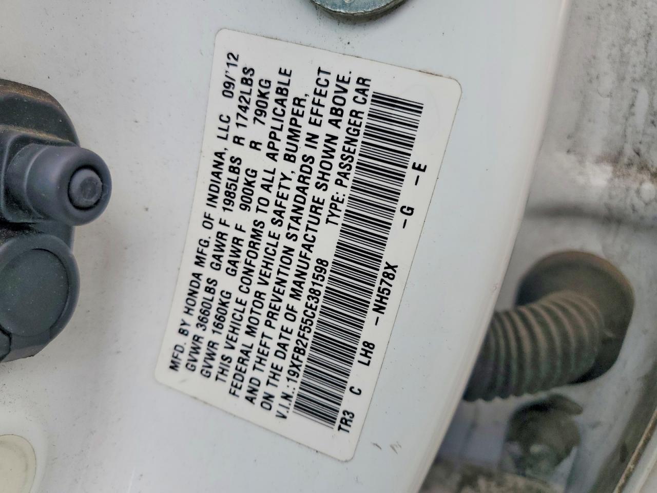 2012 Honda Civic Lx White vin: 19XFB2F55CE381598