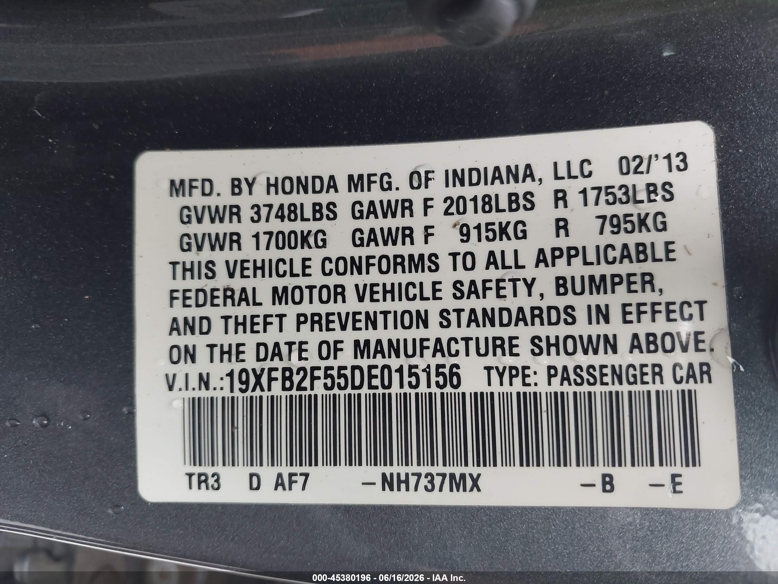 2013 Honda Civic Lx Gray vin: 19XFB2F55DE015156