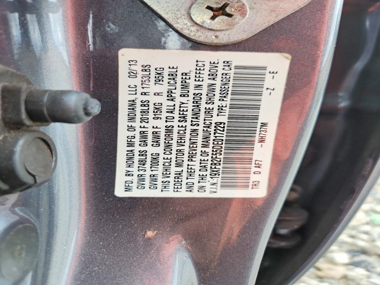 2013 Honda Civic Lx Gray vin: 19XFB2F55DE017229